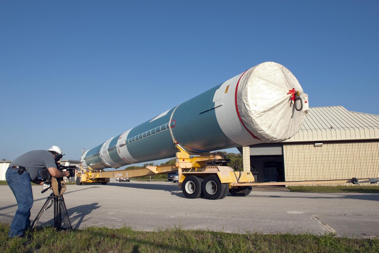CAPE CANAVERAL, Fla. -- At Cape Canaveral Air Force Station in Florida, the first stage of a United Launch Alliance Delta II launch vehicle has arrived at Pad 17B. The Delta II will carry NASA's Gravity Recovery and Interior Laboratory, or GRAIL, spacecraft into lunar orbit. The GRAIL mission is a part of NASA's Discovery Program. GRAIL will fly twin spacecraft in tandem orbits around the moon for several months to measure its gravity field. The mission also will answer longstanding questions about Earth's moon and provide scientists a better understanding of how Earth and other rocky planets in the solar system formed. GRAIL is scheduled to launch September 8, 2011. For more information visit: http://science.nasa.gov/missions/grail/. Photo credit: NASA/Jim Grossmann