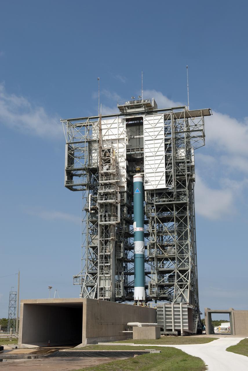 CAPE CANAVERAL, Fla. -- At Cape Canaveral Air Force Station in Florida, the first stage of a United Launch Alliance Delta II launch vehicle is secured into position inside the Pad 17B gantry. The Delta II will carry NASA's Gravity Recovery and Interior Laboratory, or GRAIL, spacecraft into lunar orbit. The GRAIL mission is a part of NASA's Discovery Program. GRAIL will fly twin spacecraft in tandem orbits around the moon for several months to measure its gravity field. The mission also will answer longstanding questions about Earth's moon and provide scientists a better understanding of how Earth and other rocky planets in the solar system formed. GRAIL is scheduled to launch September 8, 2011. For more information visit: http://science.nasa.gov/missions/grail/. Photo credit: NASA/Jim Grossmann
