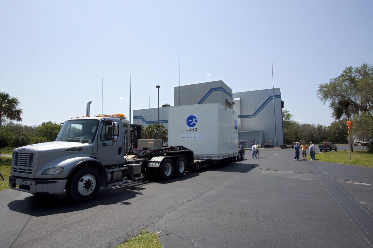 CAPE CANAVERAL, Fla. -- NASA's Juno spacecraft arrives at Astrotech's payload processing facility in Titusville, Fla. to begin final testing and preparations for launch.          The solar-powered spacecraft will orbit Jupiter's poles 33 times to find out more about the gas giant's origins, structure, atmosphere and magnetosphere and investigate the existence of a solid planetary core. Juno is scheduled to launch aboard an Atlas V rocket from Cape Canaveral, Fla. Aug. 5. For more information visit, www.nasa.gov/juno. Photo credit: NASA/Jack Pfaller    It will splash down into the Atlantic Ocean where the ship and its crew will recover it and tow it back through Port Canaveral for refurbishing for another launch. The STS-124 mission is the second of three flights launching components to complete the Japan Aerospace Exploration Agency's Kibo laboratory. The shuttle crew will install Kibo's large Japanese Pressurized Module and its remote manipulator system, or RMS. Photo credit: USA/Jeff Suter