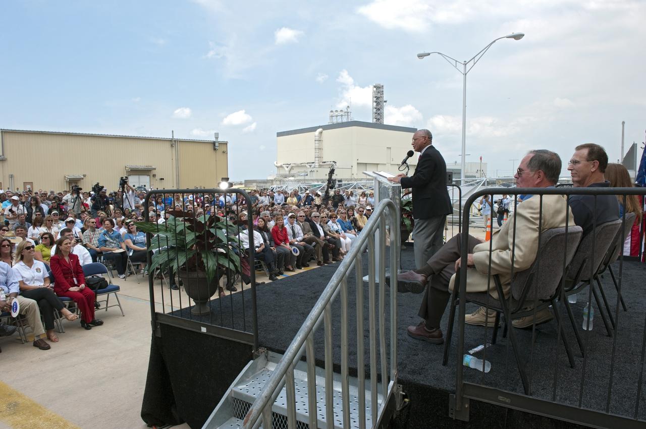 CAPE CANAVERAL, Fla. -- In a ceremony held in front of Orbiter Processing Facility-1 at NASA's Kennedy Space Center in Florida, NASA Administrator Charles Bolden announced the facilities where four shuttle orbiters will be displayed permanently at the conclusion of the Space Shuttle Program. Shuttle Enterprise, the first orbiter built, will move from the Smithsonian's National Air and Space Museum Steven F. Udvar-Hazy Center in Virginia to the Intrepid Sea, Air & Space Museum in New York. The Udvar-Hazy Center will become the new home for shuttle Discovery, which retired after completing its 39th mission in March. Shuttle Endeavour, which is preparing for its final flight at the end of the month, will go to the California Science Center in Los Angeles. Atlantis, which will fly the last planned shuttle mission in June, will be displayed at the Kennedy Space Center Visitor Complex in Florida. Later, employees, their families and friends, will celebrate the 30th anniversary of the first shuttle launch at the visitor complex.  Photo credit: NASA/Kim Shiflett