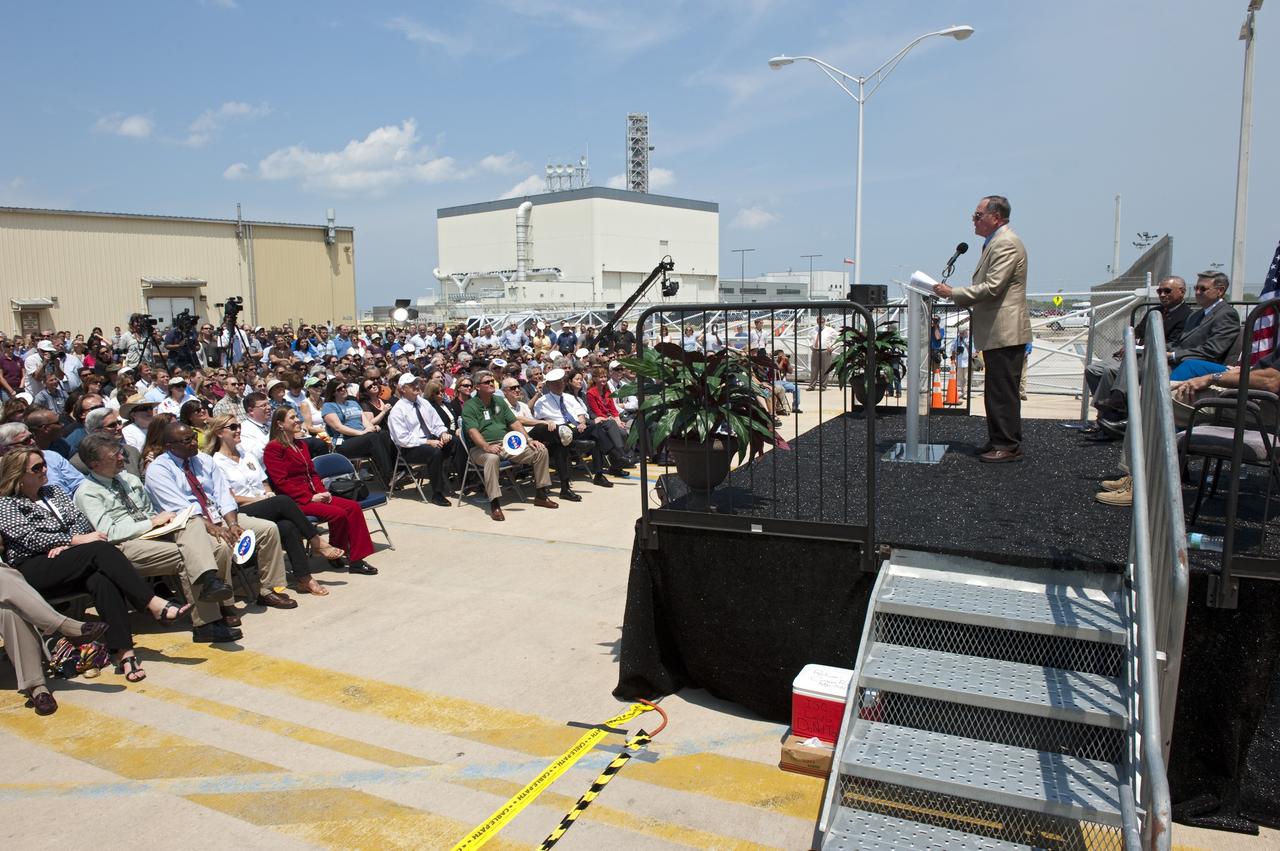 CAPE CANAVERAL, Fla. -- STS-1 Pilot and former Kennedy Space Center Director Bob Crippen addresses the audience after the announcement that revealed the four institutions receiving shuttle orbiters for permanent display. In a ceremony held in front of Orbiter Processing Facility-1 at NASA's Kennedy Space Center in Florida, NASA Administrator Charles Bolden announced the facilities where four shuttle orbiters will be displayed permanently at the conclusion of the Space Shuttle Program. Shuttle Enterprise, the first orbiter built, will move from the Smithsonian's National Air and Space Museum Steven F. Udvar-Hazy Center in Virginia to the Intrepid Sea, Air & Space Museum in New York. The Udvar-Hazy Center will become the new home for shuttle Discovery, which retired after completing its 39th mission in March. Shuttle Endeavour, which is preparing for its final flight at the end of the month, will go to the California Science Center in Los Angeles. Atlantis, which will fly the last planned shuttle mission in June, will be displayed at the Kennedy Space Center Visitor Complex in Florida. Later, employees, their families and friends, will celebrate the 30th anniversary of the first shuttle launch at the visitor complex. Photo credit: NASA/Kim Shiflett