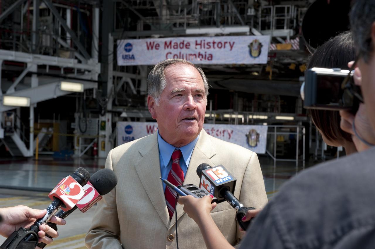CAPE CANAVERAL, Fla. -- Media interview STS-1 Pilot and former Kennedy Space Center Director Bob Crippen after the announcement that revealed the four institutions receiving shuttle orbiters for permanent display. In a ceremony held in front of Orbiter Processing Facility-1 at NASA's Kennedy Space Center in Florida, NASA Administrator Charles Bolden announced the facilities where four shuttle orbiters will be displayed permanently at the conclusion of the Space Shuttle Program. Shuttle Enterprise, the first orbiter built, will move from the Smithsonian's National Air and Space Museum Steven F. Udvar-Hazy Center in Virginia to the Intrepid Sea, Air & Space Museum in New York. The Udvar-Hazy Center will become the new home for shuttle Discovery, which retired after completing its 39th mission in March. Shuttle Endeavour, which is preparing for its final flight at the end of the month, will go to the California Science Center in Los Angeles. Atlantis, which will fly the last planned shuttle mission in June, will be displayed at the Kennedy Space Center Visitor Complex in Florida. Later, employees, their families and friends, will celebrate the 30th anniversary of the first shuttle launch at the visitor complex. Photo credit: NASA/Kim Shiflett