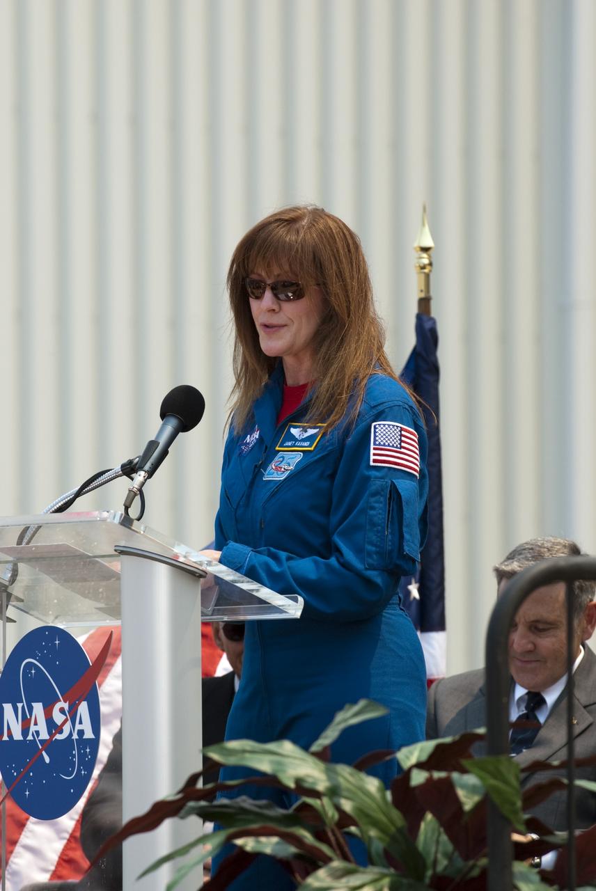 CAPE CANAVERAL, Fla. -- NASA Astronaut and Director of Flight Crew Operations, Janet Kavandi addresses the audience after the announcement that revealed the four institutions that will receive shuttle orbiters for permanent display.            In a ceremony held in front of Orbiter Processing Facility-1 at NASA's Kennedy Space Center in Florida, NASA Administrator Charles Bolden announced the facilities where four shuttle orbiters will be displayed permanently at the conclusion of the Space Shuttle Program. Shuttle Enterprise, the first orbiter built, will move from the Smithsonian's National Air and Space Museum Steven F. Udvar-Hazy Center in Virginia to the Intrepid Sea, Air & Space Museum in New York. The Udvar-Hazy Center will become the new home for shuttle Discovery, which retired after completing its 39th mission in March. Shuttle Endeavour, which is preparing for its final flight at the end of the month, will go to the California Science Center in Los Angeles. Atlantis, which will fly the last planned shuttle mission in June, will be displayed at the Kennedy Space Center Visitor Complex in Florida. The event also commemorated the 30th anniversary of the first space shuttle launch with the launch of shuttle Columbia. Photo credit: NASA/Kim Shiflett