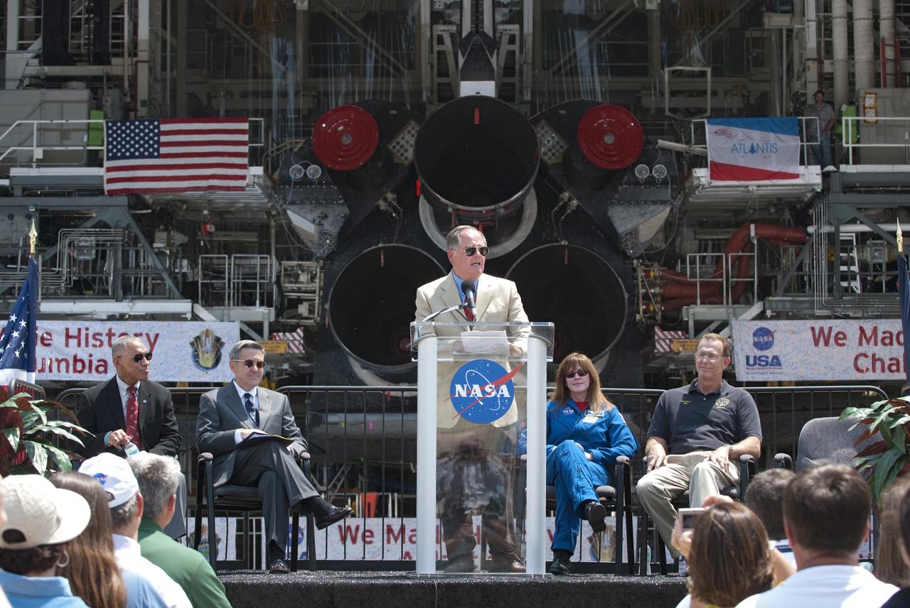 CAPE CANAVERAL, Fla. -- STS-1 Pilot and former Kennedy Space Center Director Bob Crippen addresses the audience after the announcement that revealed the four institutions that will receive shuttle orbiters for permanent display. In a ceremony held in front of Orbiter Processing Facility-1 at NASA's Kennedy Space Center in Florida, NASA Administrator Charles Bolden announced the facilities where four shuttle orbiters will be displayed permanently at the conclusion of the Space Shuttle Program. Shuttle Enterprise, the first orbiter built, will move from the Smithsonian's National Air and Space Museum Steven F. Udvar-Hazy Center in Virginia to the Intrepid Sea, Air & Space Museum in New York. The Udvar-Hazy Center will become the new home for shuttle Discovery, which retired after completing its 39th mission in March. Shuttle Endeavour, which is preparing for its final flight at the end of the month, will go to the California Science Center in Los Angeles. Atlantis, which will fly the last planned shuttle mission in June, will be displayed at the Kennedy Space Center Visitor Complex in Florida. The event also commemorated the 30th anniversary of the first space shuttle launch with the launch of shuttle Columbia. Photo credit: NASA/Kim Shiflett