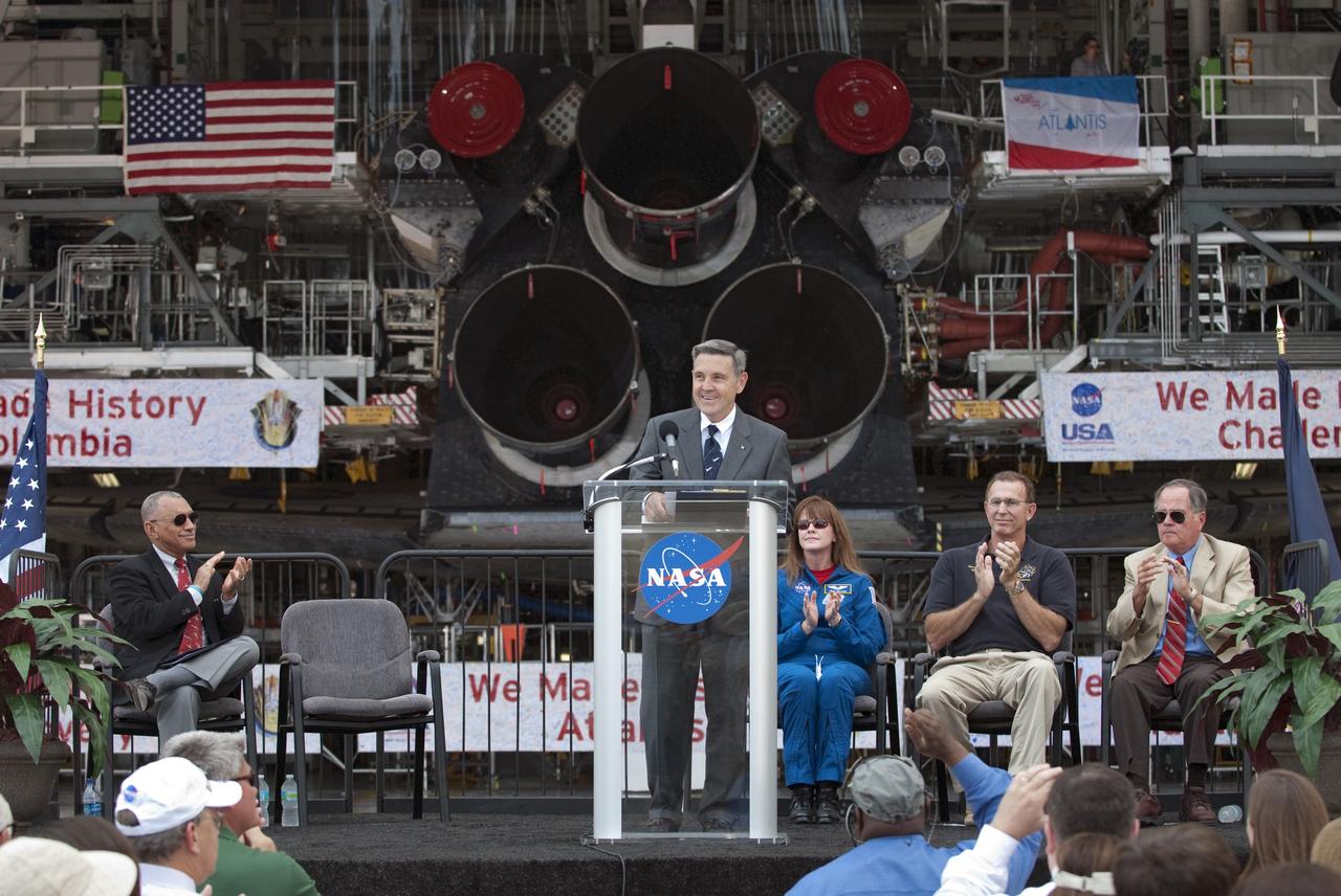 CAPE CANAVERAL, Fla. -- Kennedy Center Director Bob Cabana addresses the audience after the announcement that revealed the four institutions that will receive shuttle orbiters for permanent display. In a ceremony held in front of Orbiter Processing Facility-1 at NASA's Kennedy Space Center in Florida, NASA Administrator Charles Bolden announced the facilities where four shuttle orbiters will be displayed permanently at the conclusion of the Space Shuttle Program. Shuttle Enterprise, the first orbiter built, will move from the Smithsonian's National Air and Space Museum Steven F. Udvar-Hazy Center in Virginia to the Intrepid Sea, Air & Space Museum in New York. The Udvar-Hazy Center will become the new home for shuttle Discovery, which retired after completing its 39th mission in March. Shuttle Endeavour, which is preparing for its final flight at the end of the month, will go to the California Science Center in Los Angeles. Atlantis, which will fly the last planned shuttle mission in June, will be displayed at the Kennedy Space Center Visitor Complex in Florida. The event also commemorated the 30th anniversary of the first space shuttle launch with the launch of shuttle Columbia. Photo credit: NASA/Kim Shiflett