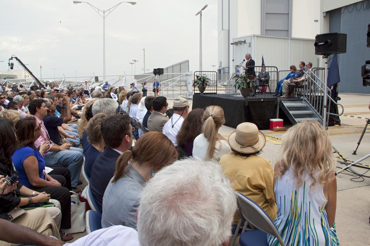 In a ceremony held in front of Orbiter Processing Facility-1 at NASA's Kennedy Space Center in Florida, NASA Administrator Charles Bolden announced the facilities where four shuttle orbiters will be displayed permanently at the conclusion of the Space Shuttle Program. Shuttle Enterprise, the first orbiter built, will move from the Smithsonian's National Air and Space Museum Steven F. Udvar-Hazy Center in Virginia to the Intrepid Sea, Air & Space Museum in New York. The Udvar-Hazy Center will become the new home for shuttle Discovery, which retired after completing its 39th mission in March. Shuttle Endeavour, which is preparing for its final flight at the end of the month, will go to the California Science Center in Los Angeles. Atlantis, which will fly the last planned shuttle mission in June, will be displayed at the Kennedy Space Center Visitor Complex in Florida. The event also commemorated the 30th anniversary of the first space shuttle launch with the launch of shuttle Columbia. Photo credit: NASA/Kim Shiflett