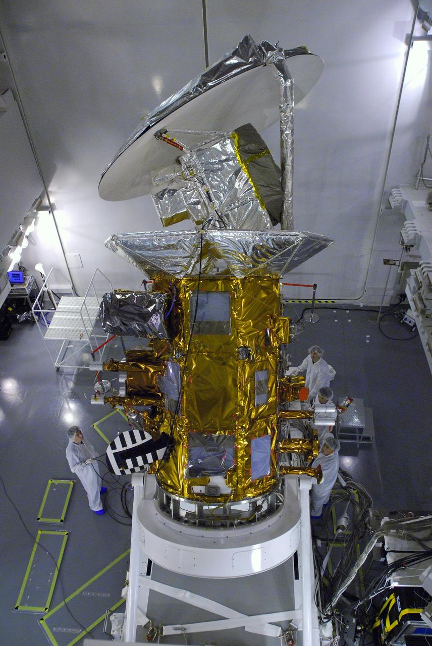 VANDENBERG AIR FORCE BASE, Calif. -- In Space Systems International's Payload Processing Facility at Vandenberg Air Force Base in California, technicians are rotating the  Aquarius/SAC-D spacecraft into a vertical position for testing.       Following final tests, the spacecraft will be integrated to a United Launch Alliance Delta II rocket in preparation for the targeted June launch. Aquarius, the NASA-built primary instrument on the SAC-D spacecraft, will provide new insights into how variations in ocean surface salinity relate to fundamental climate processes on its three-year mission. Photo credit: NASA/Dan Liberotti, VAFB
