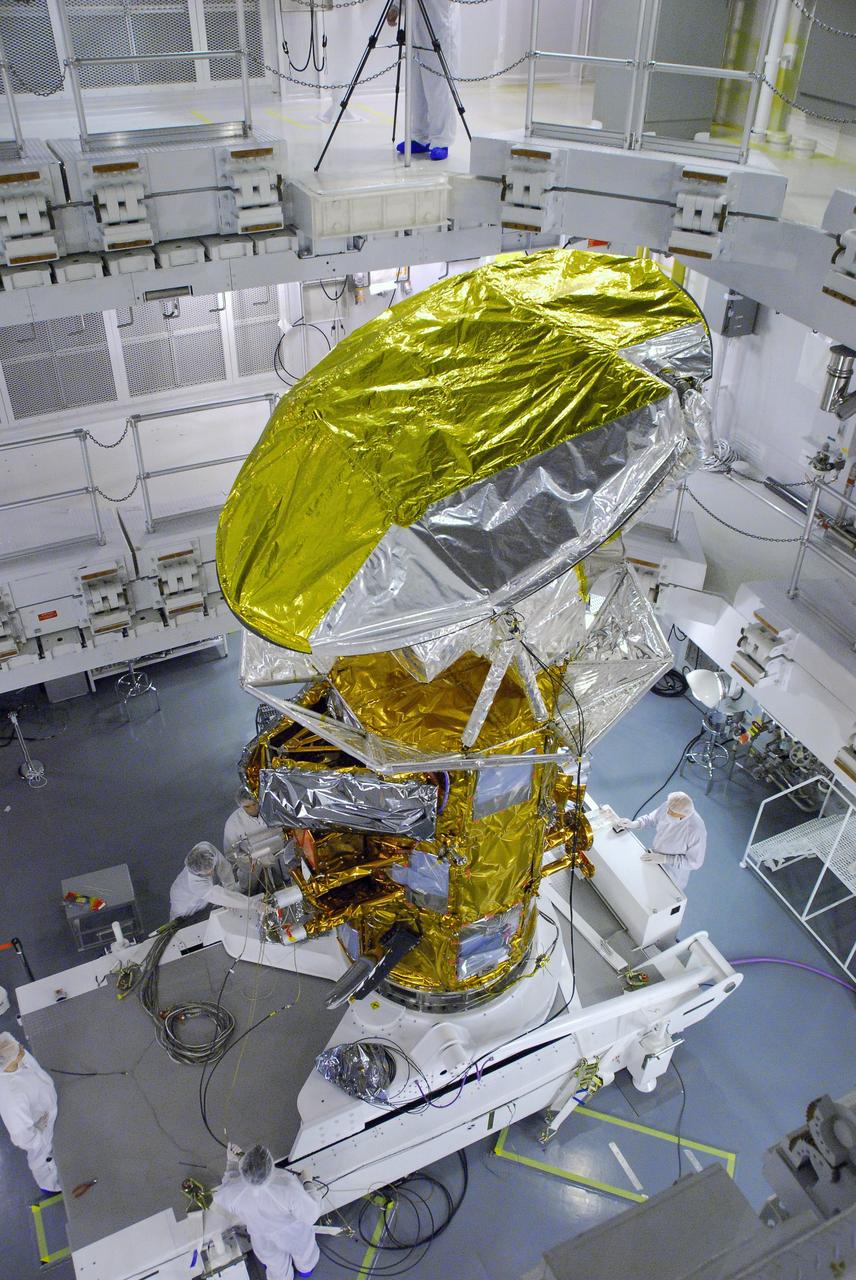 VANDENBERG AIR FORCE BASE, Calif. -- In Space Systems International's Payload Processing Facility at Vandenberg Air Force Base in California, technicians have rotated the Aquarius/SAC-D spacecraft into a vertical position for testing.   Following final tests, the spacecraft will be integrated to a United Launch Alliance Delta II rocket in preparation for the targeted June launch. Aquarius, the NASA-built primary instrument on the SAC-D spacecraft, will provide new insights into how variations in ocean surface salinity relate to fundamental climate processes on its three-year mission. Photo credit: NASA/Dan Liberotti, VAFB