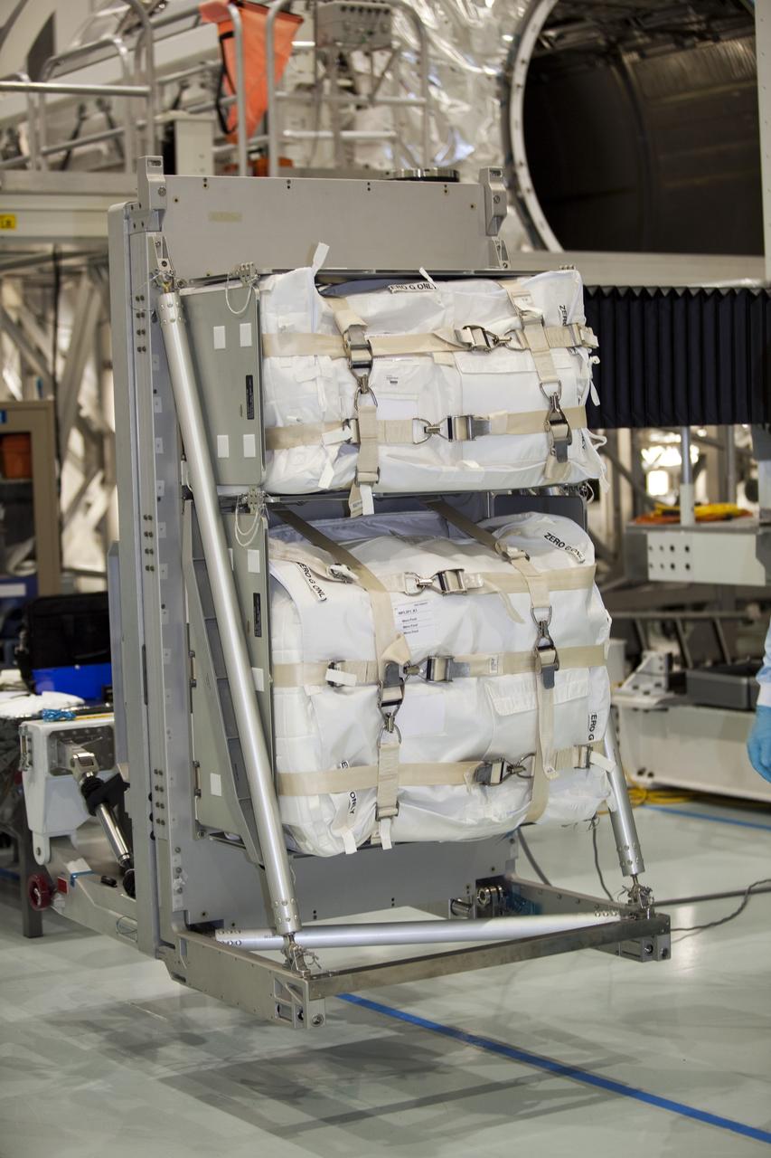 CAPE CANAVERAL, Fla. -- In the Space Station Processing Facility at NASA's Kennedy Space Center in Florida, cargo is secured and ready to be installed inside the Raffaello multi-purpose logistics module for shuttle Atlantis' flight to the International Space Station. Atlantis and its payload is being prepared for the STS-135 mission, which will deliver the Raffaello multi-purpose logistics module packed with supplies and spare parts to the station. Atlantis is targeted to launch June 28, and will be the last shuttle flight for the Space Shuttle Program. For more information visit, http://www.nasa.gov/mission_pages/shuttle/shuttlemissions/sts135/index.html. Photo credit: NASA/Frankie Martin