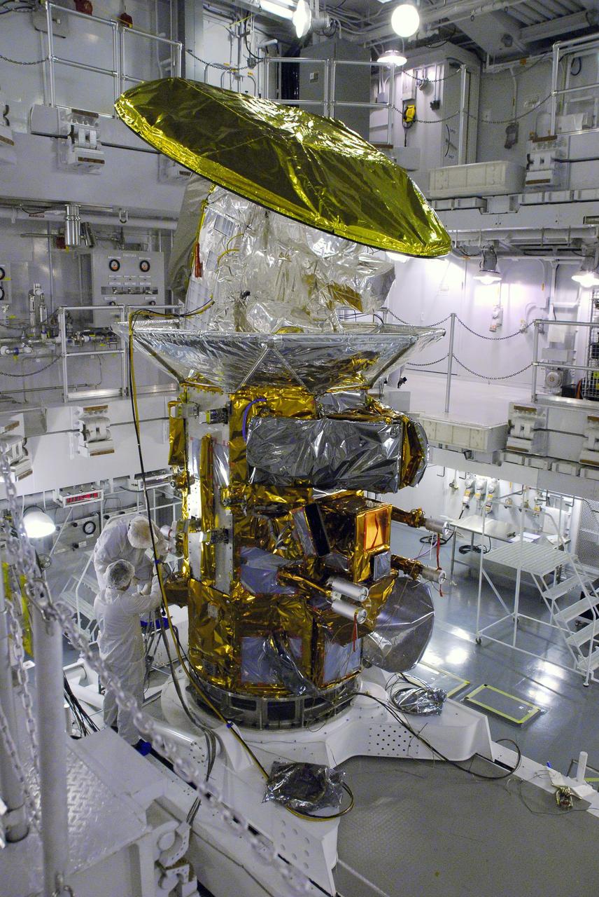 VANDENBERG AIR FORCE BASE, Calif. -- In Space Systems International's Payload Processing Facility at Vandenberg Air Force Base in California, technicians prepare to rotate the Aquarius/SAC-D spacecraft from a vertical to horizontal position for testing. Following final tests, the spacecraft will be integrated to a United Launch Alliance Delta II rocket in preparation for the targeted June launch. Aquarius, the NASA-built primary instrument on the SAC-D spacecraft, will provide new insights into how variations in ocean surface salinity relate to fundamental climate processes on its three-year mission.  Photo credit: NASA/Randy Beaudoin, VAFB