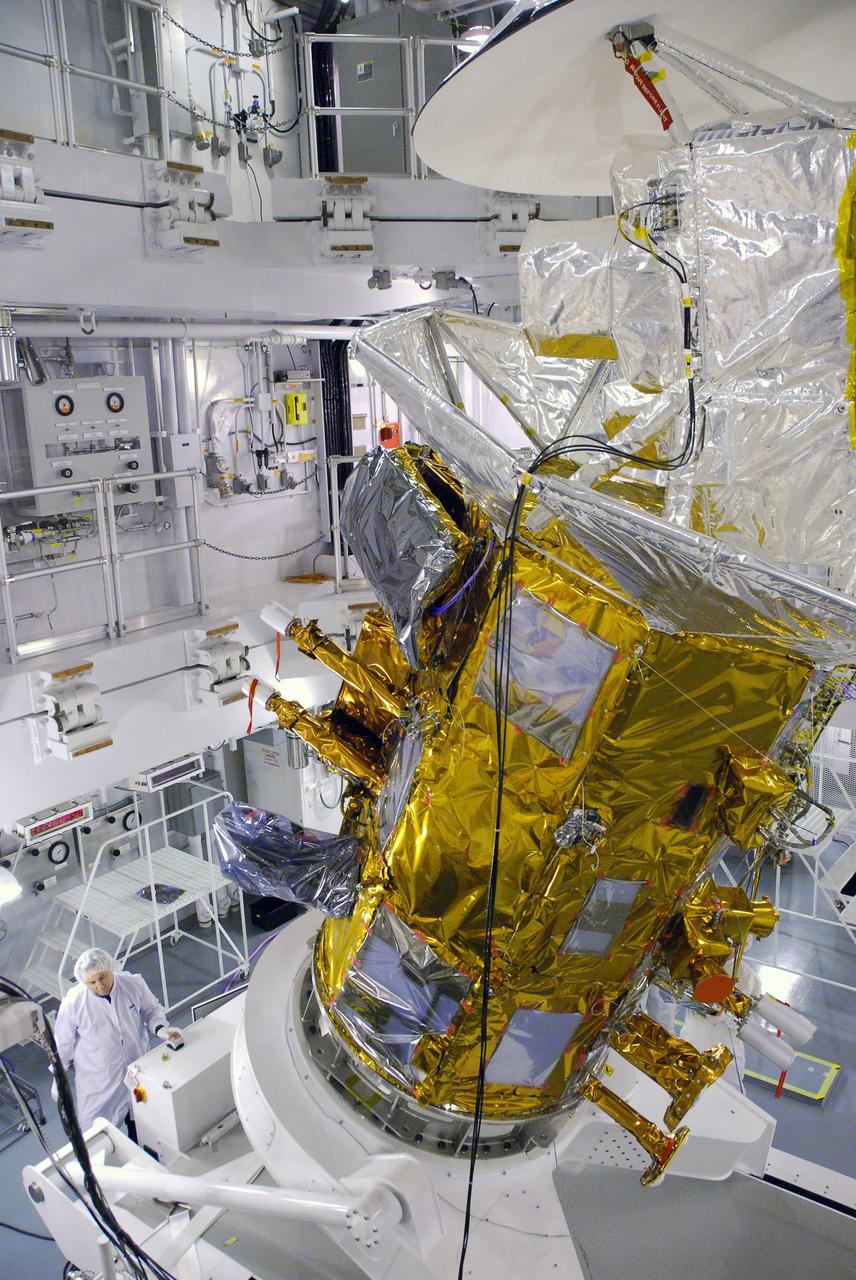 VANDENBERG AIR FORCE BASE, Calif. -- In Space Systems International's Payload Processing Facility at Vandenberg Air Force Base in California, technicians are rotating the  Aquarius/SAC-D spacecraft from a vertical to horizontal position for testing. Following final tests, the spacecraft will be integrated to a United Launch Alliance Delta II rocket in preparation for the targeted June launch. Aquarius, the NASA-built primary instrument on the SAC-D spacecraft, will provide new insights into how variations in ocean surface salinity relate to fundamental climate processes on its three-year mission.   Photo credit: NASA/Randy Beaudoin, VAFB
