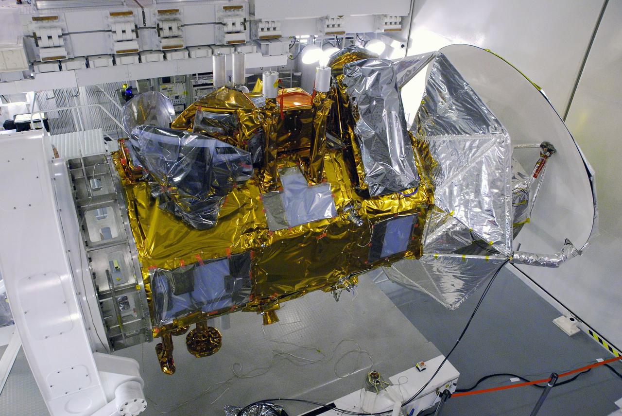 VANDENBERG AIR FORCE BASE, Calif. -- In Space Systems International's Payload Processing Facility at Vandenberg Air Force Base in California, technicians have rotated the Aquarius/SAC-D spacecraft into a horizontal position for testing. Following final tests, the spacecraft will be integrated to a United Launch Alliance Delta II rocket in preparation for the targeted June launch. Aquarius, the NASA-built primary instrument on the SAC-D spacecraft, will provide new insights into how variations in ocean surface salinity relate to fundamental climate processes on its three-year mission. Photo credit: NASA/Randy Beaudoin, VAFB