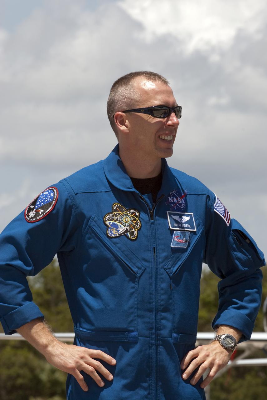 CAPE CANAVERAL, Fla. -- At the Shuttle Landing Facility at NASA's Kennedy Space Center in Florida, Mission Specialist Andrew Fuestel is photographed after his arrival. The STS-134 crew members landed at 12:52 p.m. EDT to get ready for space shuttle Endeavour's launch to the International Space Station scheduled for Friday, April 29 at 3:47 p.m. Endeavour and its crew will deliver the Express Logistics Carrier-3, Alpha Magnetic Spectrometer-2 (AMS), a high-pressure gas tank and additional spare parts for the Dextre robotic helper to the station. This will be the final spaceflight for Endeavour. For more information visit, www.nasa.gov/mission_pages/shuttle/shuttlemissions/sts134/index.html. Photo credit: NASA/Kim Shiflett