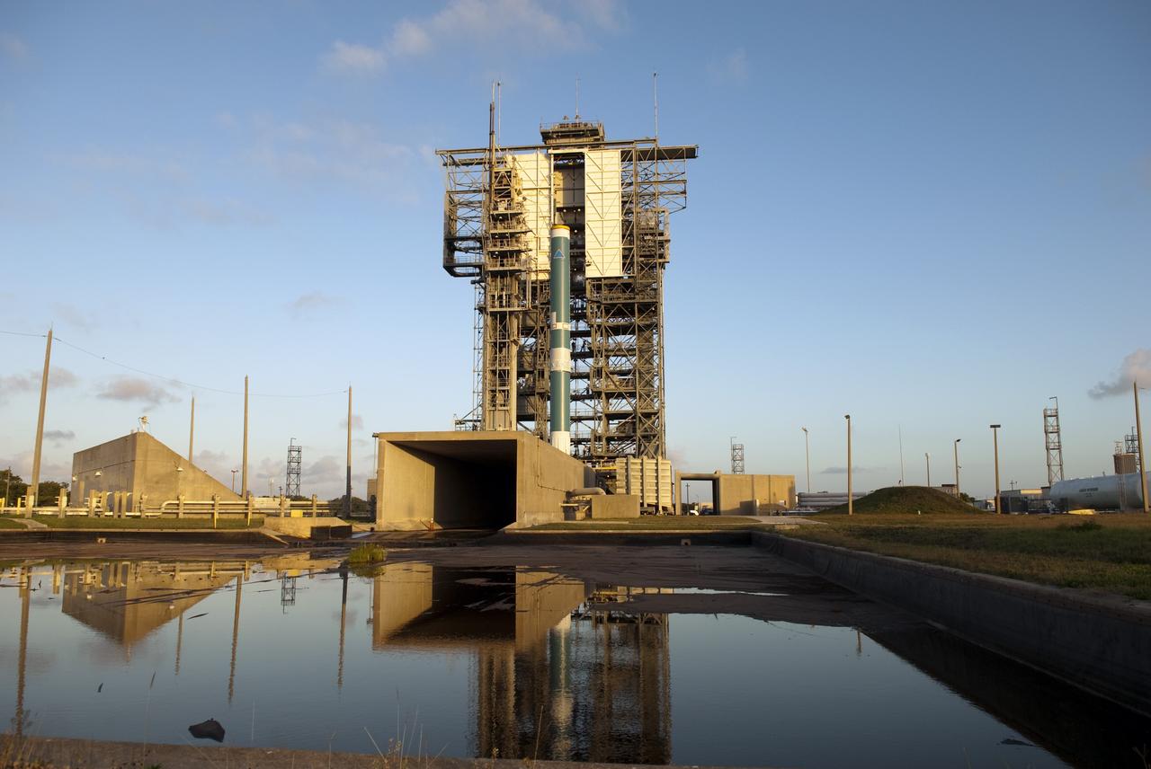 CAPE CANAVERAL, Fla. -- The first stage of a United Launch Alliance Delta II rocket at Launch Complex 17-B at Cape Canaveral Air Force Station in Florida where it is being prepared for launch. The Delta II will carry NASA's Gravity Recovery and Interior Laboratory, or GRAIL, spacecraft into lunar orbit. The GRAIL mission is a part of NASA's Discovery Program. GRAIL will fly twin spacecraft in tandem orbits around the moon for several months to measure its gravity field. The mission also will answer longstanding questions about Earth's moon and provide scientists a better understanding of how Earth and other rocky planets in the solar system formed. GRAIL is scheduled to launch September 8, 2011. For more information visit: http://science.nasa.gov/missions/grail/. Photo credit: NASA/Jim Grossmann