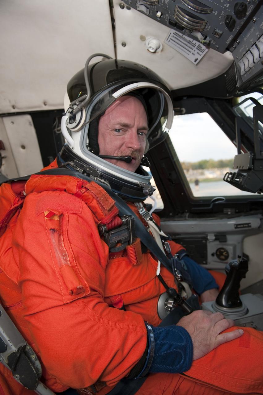 CAPE CANAVERAL, Fla. -- STS-134 Commander Mark Kelly prepares to perform touch-and-go landings aboard a Shuttle Training Aircraft (STA) on the Shuttle Landing Facility runway at NASA's Kennedy Space Center in Florida. An STA is a Gulfstream II jet that is modified to mimic the shuttle's handling during the final phase of landing. Kelly and Johnson will practice landings as part of standard training before space shuttle Endeavour's launch to the International Space Station. Endeavour and its crew will deliver the Express Logistics Carrier-3, Alpha Magnetic Spectrometer-2 (AMS), a high-pressure gas tank and additional spare parts for the Dextre robotic helper to the station. This will be the final spaceflight for Endeavour. For more information visit, www.nasa.gov/mission_pages/shuttle/shuttlemissions/sts134/index.html. Photo credit: NASA/Kim Shiflett