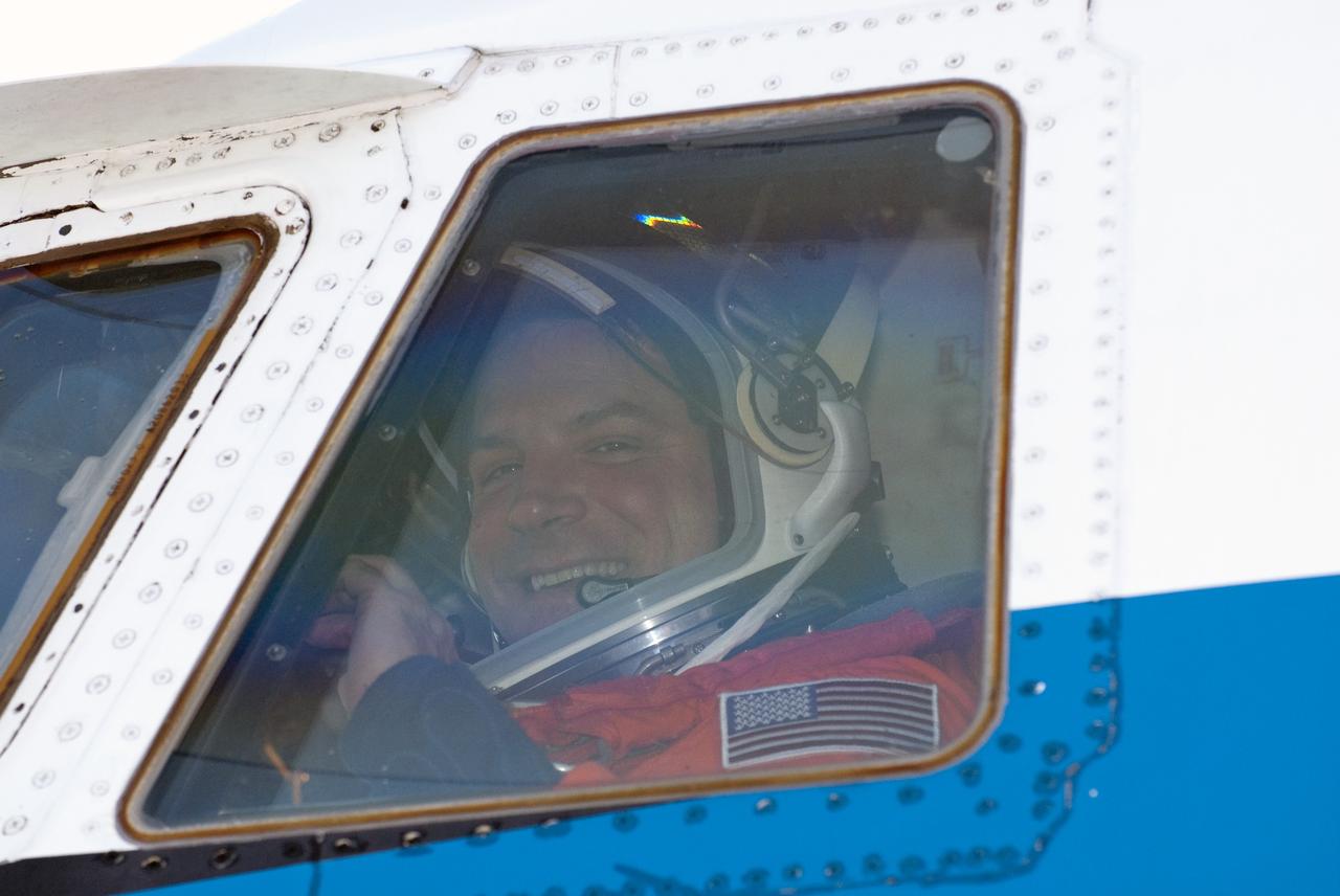 CAPE CANAVERAL, Fla. -- STS-134 Pilot Greg H. Johnson prepares to perform touch-and-go landings aboard a Shuttle Training Aircraft (STA) on the Shuttle Landing Facility runway at NASA's Kennedy Space Center in Florida. An STA is a Gulfstream II jet that is modified to mimic the shuttle's handling during the final phase of landing. Kelly and Johnson will practice landings as part of standard training before space shuttle Endeavour's launch to the International Space Station. Endeavour and its crew will deliver the Express Logistics Carrier-3, Alpha Magnetic Spectrometer-2 (AMS), a high-pressure gas tank and additional spare parts for the Dextre robotic helper to the station. This will be the final spaceflight for Endeavour. For more information visit, www.nasa.gov/mission_pages/shuttle/shuttlemissions/sts134/index.html. Photo credit: NASA/Kim Shiflett