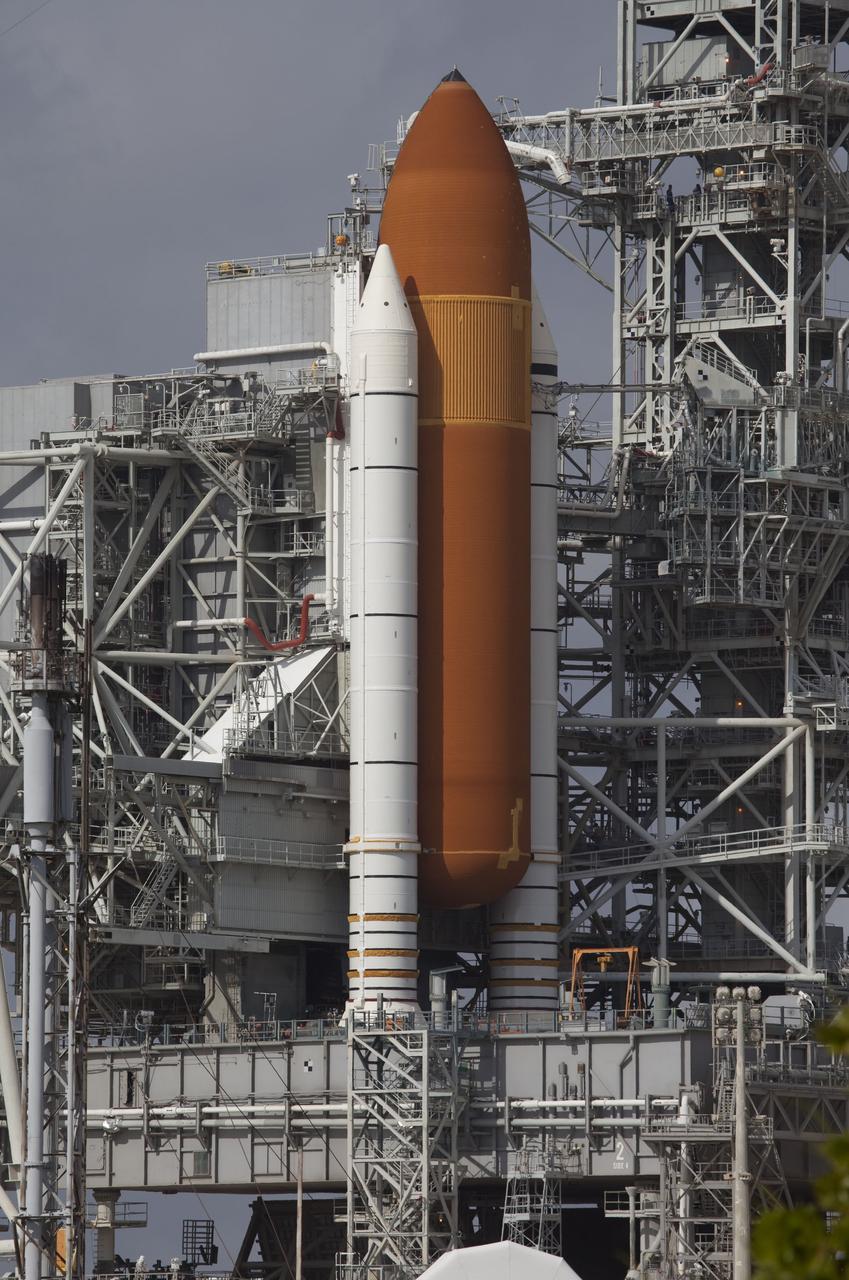 CAPE CANAVERAL, Fla. -- Space shuttle Endeavour majestically awaits liftoff on Launch Pad 39A at NASA's Kennedy Space Center in Florida. The rotating service structure (RSS) surrounds the shuttle for protection and to provide access but will be retracted before launch. Endeavour and its crew will deliver the Express Logistics Carrier-3, Alpha Magnetic Spectrometer-2 (AMS), a high-pressure gas tank and additional spare parts for the Dextre robotic helper to the International Space Station. Launch is scheduled for April 29 at 3:47 p.m. EDT. This will be the final spaceflight for Endeavour. For more information visit, www.nasa.gov/mission_pages/shuttle/shuttlemissions/sts134/index.htmlPhoto credit: NASA/Frank Michaux