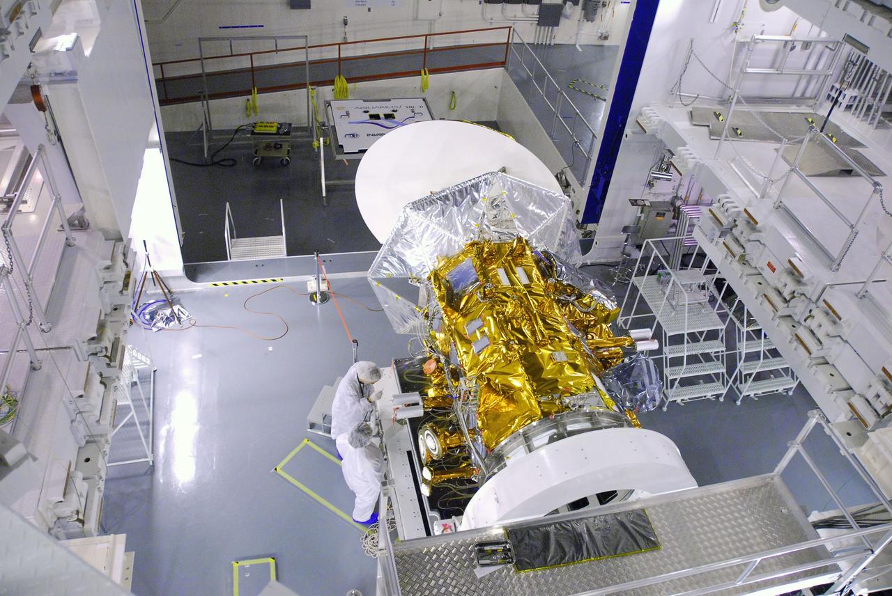 VANDENBERG AIR FORCE BASE, Calif. -- In Space Systems International's Payload Processing Facility at Vandenberg Air Force Base in California, technicians configure antenna hats in preparation for system tests on the Aquarius/SAC-D spacecraft.   Following final tests, the spacecraft will be integrated to a United Launch Alliance Delta II rocket in preparation for the targeted June launch. Aquarius, the NASA-built primary instrument on the SAC-D spacecraft, will provide new insights into how variations in ocean surface salinity relate to fundamental climate processes on its three-year mission. Photo credit: NASA/VAFB