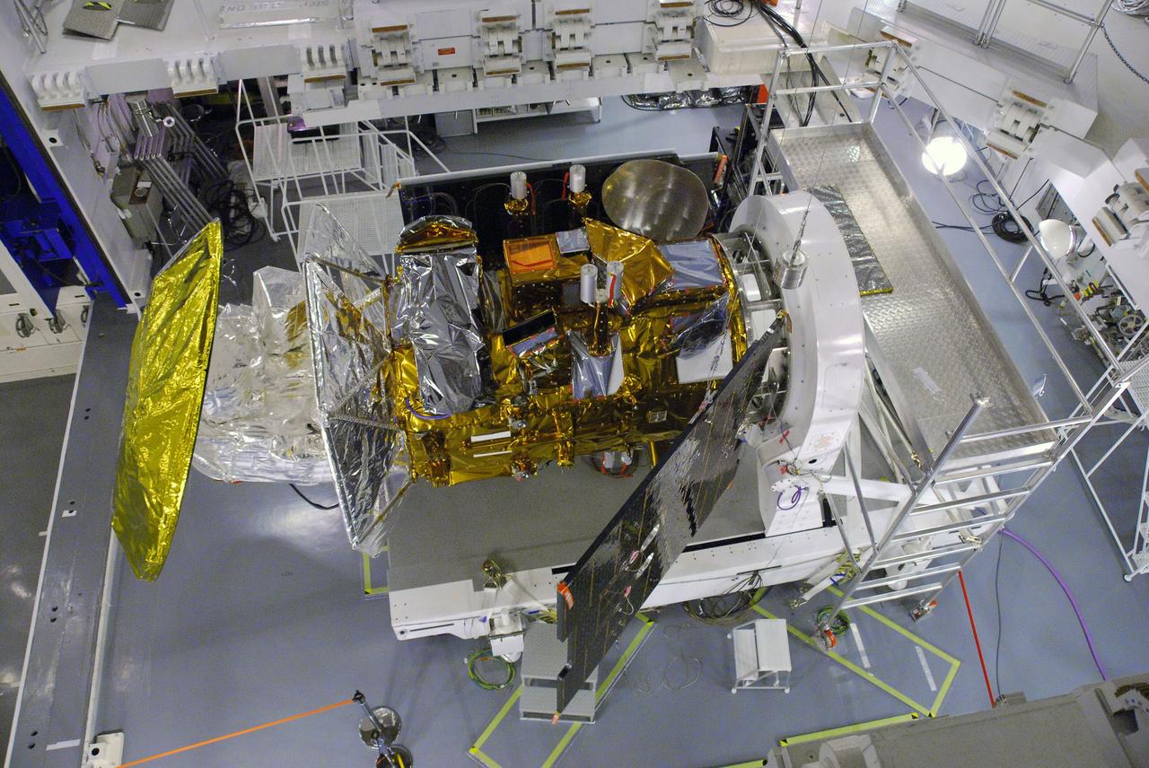 VANDENBERG AIR FORCE BASE, Calif. -- In Space Systems International's Payload Processing Facility at Vandenberg Air Force Base in California, technicians  extend the second solar array on the Aquarius/SAC-D spacecraft to test the release mechanism sequence for the array using signal commands.    Following final tests, the spacecraft will be integrated to a United Launch Alliance Delta II rocket in preparation for the targeted June launch. Aquarius, the NASA-built primary instrument on the SAC-D spacecraft, will provide new insights into how variations in ocean surface salinity relate to fundamental climate processes on its three-year mission. Photo credit: NASA/VAFB