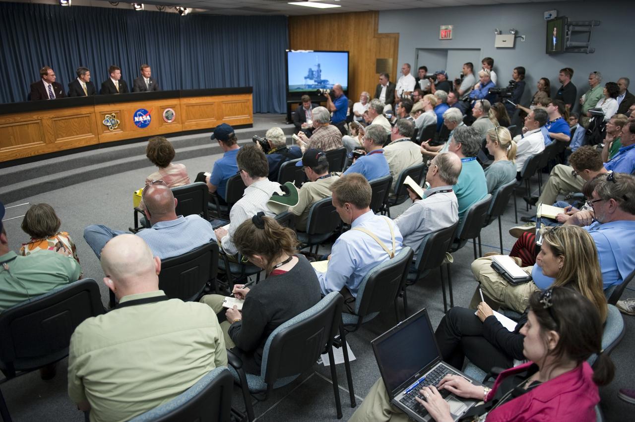 CAPE CANAVERAL, Fla. -- At NASA's Kennedy Space Center in Florida, Public Affairs Officer George Diller, Kennedy Director Bob Cabana, Space Shuttle Program Launch Integration Manager Mike Moses and Shuttle Launch Director Mike Leinbach participate in a news conference following the April 29 scrubbed launch attempt of space shuttle Endeavour. During the STS-134 countdown, fuel line heaters for Endeavour's auxiliary power unit-1 (APU-1) failed. Technicians later discovered that the Load Control Assembly-2 (LCA-2), which distributes power to nine shuttle systems, was the cause of the failure reading. The LCA-2 located in Endeavour's aft section will be replaced and systems will be retested before the launch is rescheduled.        STS-134 will deliver the Express Logistics Carrier-3, Alpha Magnetic Spectrometer-2 (AMS), a high-pressure gas tank and additional spare parts for the Dextre robotic helper to the International Space Station. The mission also will be the final spaceflight for Endeavour. For more information, visit www.nasa.gov/mission_pages/shuttle/shuttlemissions/sts134/index.html. Photo credit: NASA/Kim Shiflett