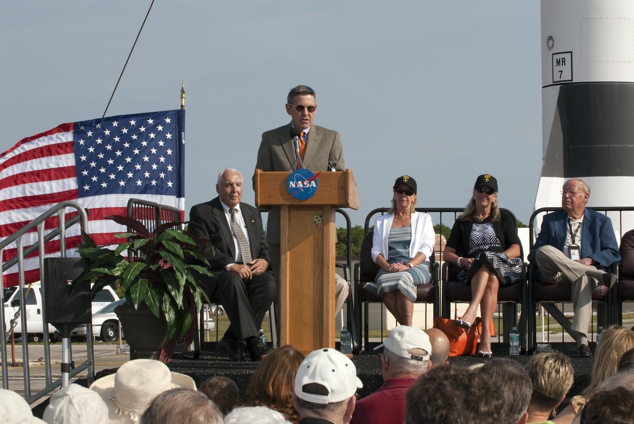 CAPE CANAVERAL, Fla. -- Kennedy Space Center Director and former astronaut Bob Cabana addresses the audience at a celebration at Complex 5/6 on Cape Canaveral Air Force Station in Florida.    The celebration was held at the launch site of the first U.S. manned spaceflight May 5, 1961, to mark the 50th anniversary of the flight.  Fifty years ago, astronaut Alan Shepard lifted off inside the Mercury capsule, "Freedom 7," atop an 82-foot-tall Mercury-Redstone rocket at 9:34 a.m. EST, sending him on a remarkably successful, 15-minute suborbital flight. The event was attended by more than 200 workers from the original Mercury program and included a re-creation of Shepard's flight and recovery, as well as a tribute to his contributions as a moonwalker on the Apollo 14 lunar mission. For more information, visit www.nasa.gov/topics/history/milestones/index.html. Photo credit: NASA/Kim Shiflett