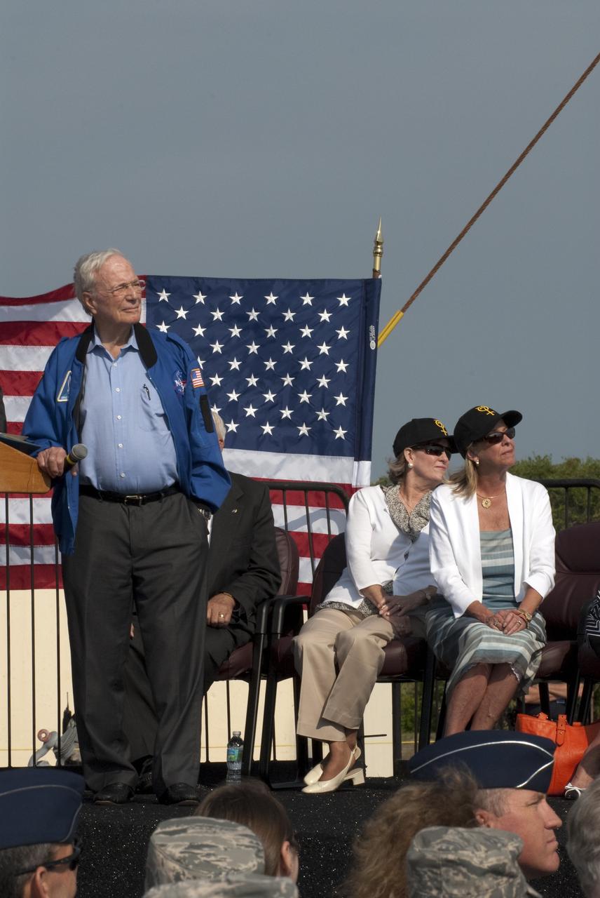 CAPE CANAVERAL, Fla. -- From left, Mercury astronaut Scott Carpenter and Alice Wackermann and Julie Jenkins, daughters of astronaut Alan Shepard, enjoy a tribute to Shepard during a celebration at Complex 5/6 on Cape Canaveral Air Force Station in Florida.     The celebration was held at the launch site of the first U.S. manned spaceflight May 5, 1961, to mark the 50th anniversary of the flight.  Fifty years ago, astronaut Alan Shepard lifted off inside the Mercury capsule, "Freedom 7," atop an 82-foot-tall Mercury-Redstone rocket at 9:34 a.m. EST, sending him on a remarkably successful, 15-minute suborbital flight. The event was attended by more than 200 workers from the original Mercury program and included a re-creation of Shepard's flight and recovery, as well as a tribute to his contributions as a moonwalker on the Apollo 14 lunar mission. For more information, visit www.nasa.gov/topics/history/milestones/index.html. Photo credit: NASA/Kim Shiflett