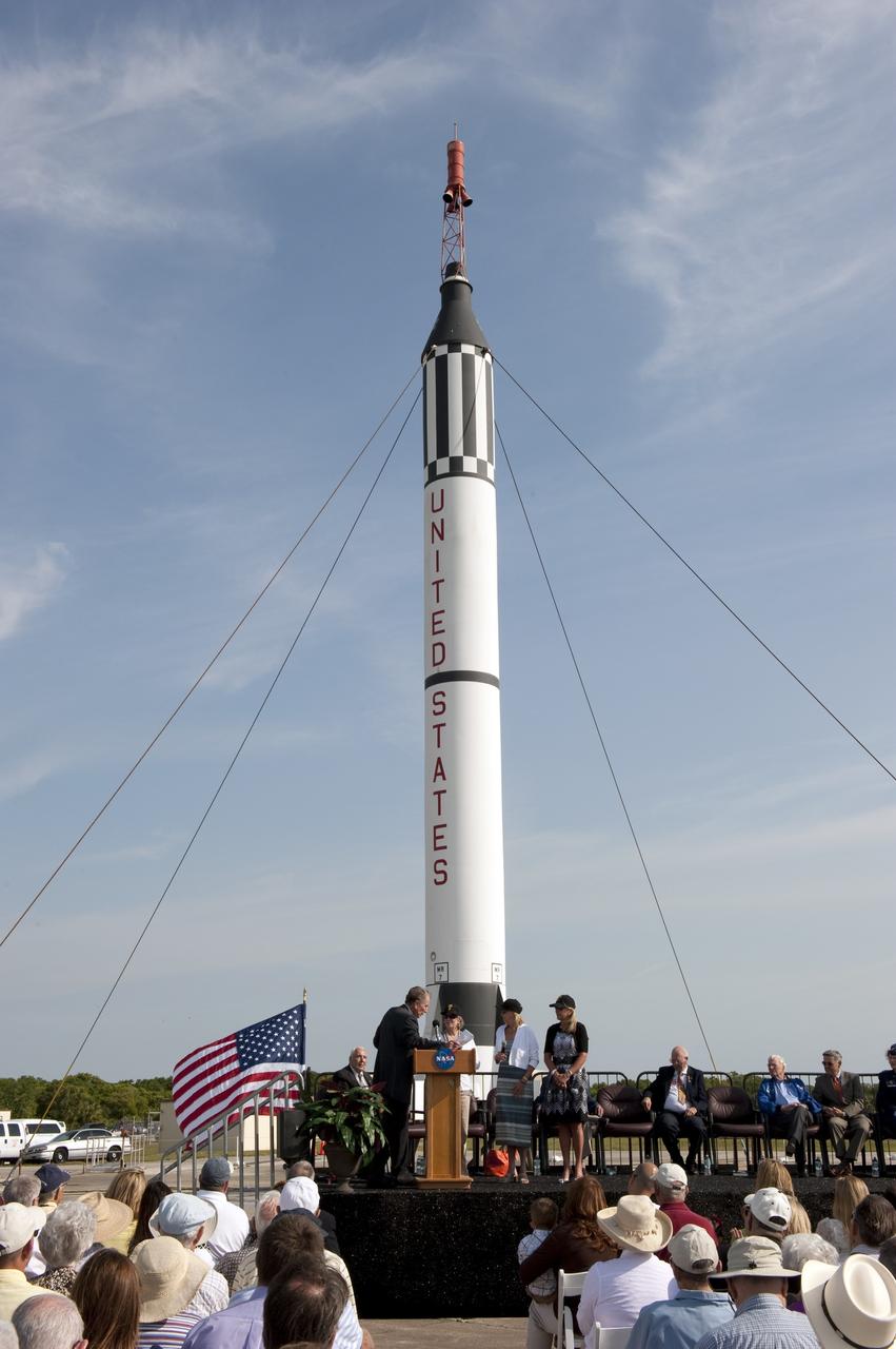 CAPE CANAVERAL, Fla. -- NBC reporter Jay Barbree introduces Alice Wackermann, Julie Jenkins and Laura Churchley, daughters of astronaut Alan Shepard, to the audience at a celebration at Complex 5/6 on Cape Canaveral Air Force Station in Florida.    The celebration was held at the launch site of the first U.S. manned spaceflight May 5, 1961, to mark the 50th anniversary of the flight.  Fifty years ago, astronaut Alan Shepard lifted off inside the Mercury capsule, "Freedom 7," atop an 82-foot-tall Mercury-Redstone rocket at 9:34 a.m. EST, sending him on a remarkably successful, 15-minute suborbital flight. The event was attended by more than 200 workers from the original Mercury program and included a re-creation of Shepard's flight and recovery, as well as a tribute to his contributions as a moonwalker on the Apollo 14 lunar mission. For more information, visit www.nasa.gov/topics/history/milestones/index.html. Photo credit: NASA/Kim Shiflett
