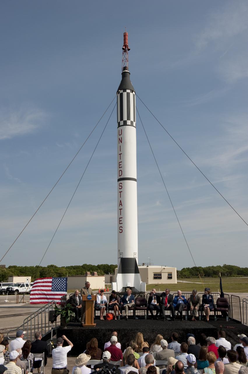 CAPE CANAVERAL, Fla. -- NASA Administrator Charlie Bolden addresses the audience during a celebration at Complex 5/6 on Cape Canaveral Air Force Station in Florida.    The celebration was held at the launch site of the first U.S. manned spaceflight May 5, 1961, to mark the 50th anniversary of the flight.  Fifty years ago, astronaut Alan Shepard lifted off inside the Mercury capsule, "Freedom 7," atop an 82-foot-tall Mercury-Redstone rocket at 9:34 a.m. EST, sending him on a remarkably successful, 15-minute suborbital flight. The event was attended by more than 200 workers from the original Mercury program and included a re-creation of Shepard's flight and recovery, as well as a tribute to his contributions as a moonwalker on the Apollo 14 lunar mission. For more information, visit www.nasa.gov/topics/history/milestones/index.html. Photo credit: NASA/Kim Shiflett