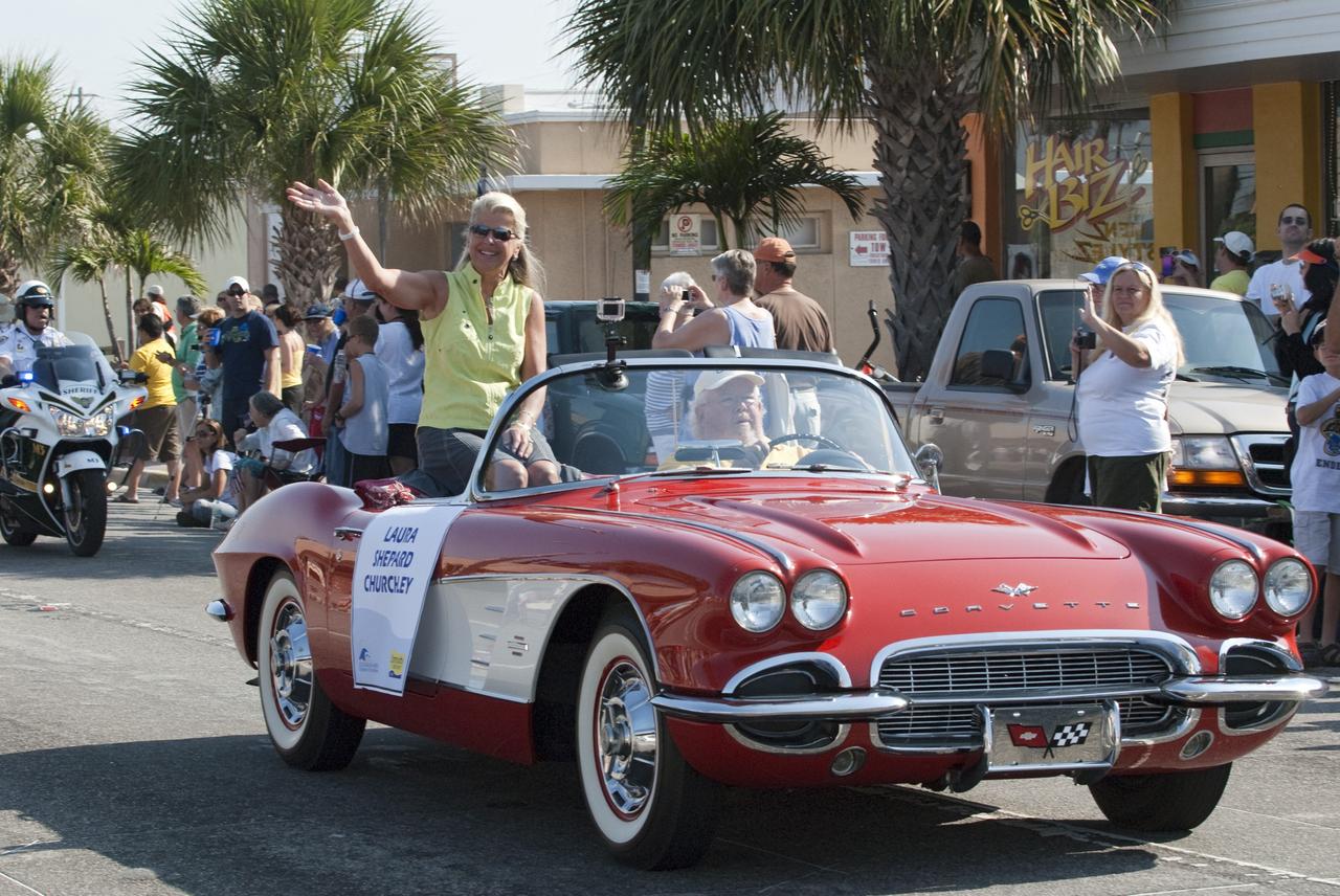 Cape Canaveral, Fla. – Laura Shepard Churchley, representing her late father Mercury 7 astronaut Alan Shepard, waves to spectators from a vintage Chevrolet Corvette during a commemorative parade in Cocoa Beach, Fla. A group of current and retired NASA astronauts gathered in Cocoa Beach to commemorate NASA’s 50 years of accomplishments and to honor astronaut Alan Shepard’s Mercury/Freedom 7 suborbital flight May 5, 1961.The event was marked by a parade, with the astronauts riding in a fleet of Chevrolet Corvettes that corresponded with the time period of their space missions. Members of the Cape Kennedy Corvette Club, a group established in 1967, escorted almost two dozen astronauts or their family representatives in club members' cars. The Corvette parade started at the glass bank building, at 9:34 a.m. EDT, the same time Shepard launched into space. Photo credit: NASA/Kim Shiflett