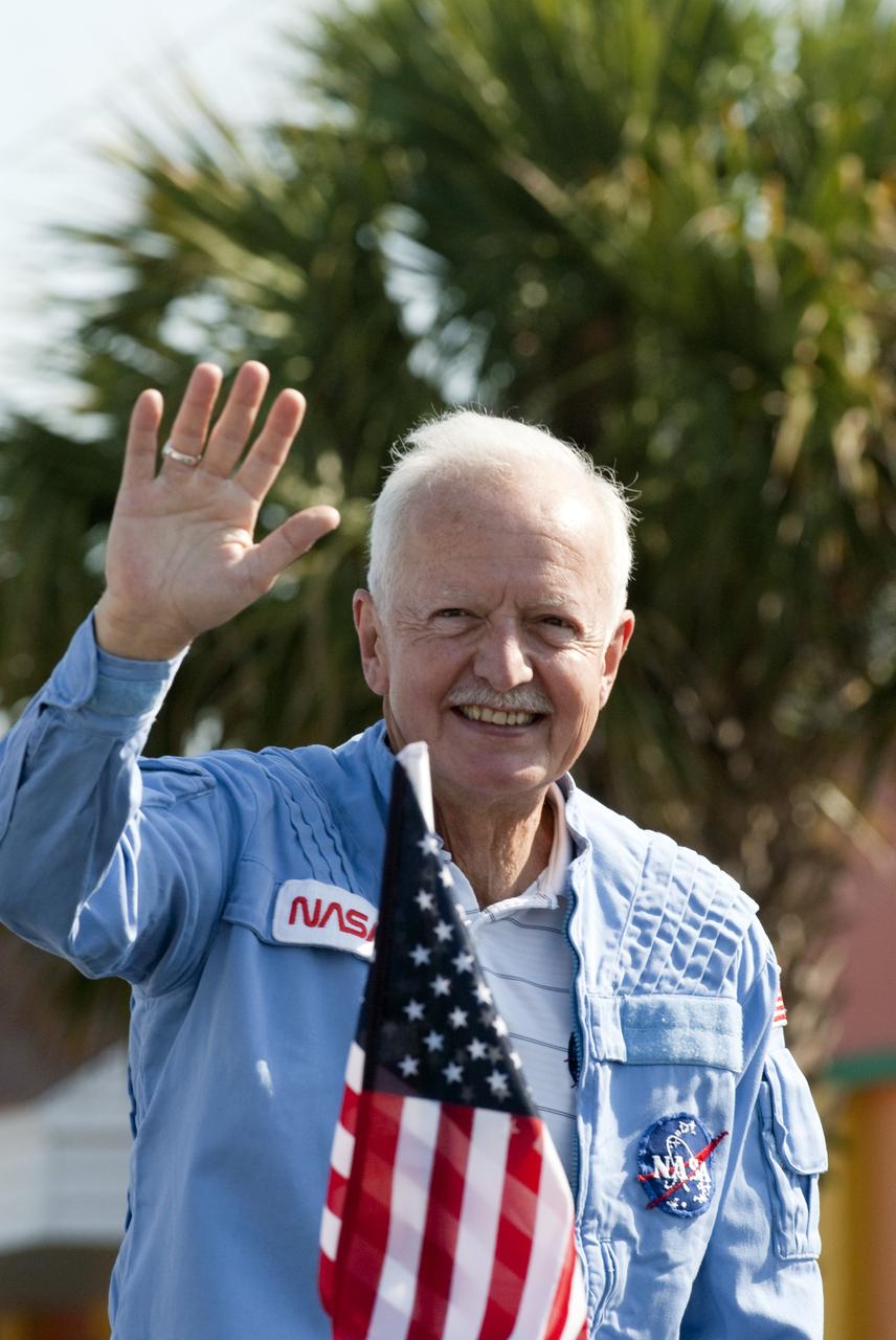 Cape Canaveral, Fla. -- Retired payload specialist John-David Bartoe greets spectators during a commemorative parade in Cocoa Beach, Fla. A group of current and retired NASA astronauts gathered in Cocoa Beach to commemorate NASA’s 50 years of accomplishments and to honor astronaut Alan Shepard’s Mercury/Freedom 7 suborbital flight May 5, 1961.The event was marked by a parade, with the astronauts riding in a fleet of Chevrolet Corvettes that corresponded with the time period of their space missions. Members of the Cape Kennedy Corvette Club, a group established in 1967, escorted almost two dozen astronauts or their family representatives in club members' cars. The Corvette parade started at the glass bank building, at 9:34 a.m. EDT, the same time Shepard launched into space. Photo credit: NASA/Kim Shiflett