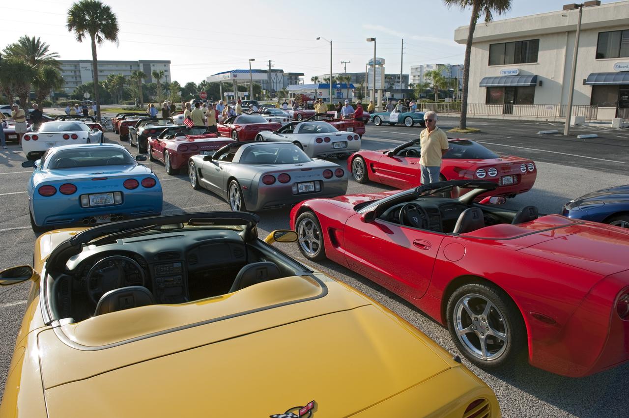 Cape Canaveral, Fla. -- A lineup of vintage and new Chevrolet Corvettes are parked after a commemorative parade in Cocoa Beach, Florida. A group of current and retired NASA astronauts gathered in Cocoa Beach to commemorate NASA’s 50 years of accomplishments and to honor astronaut Alan Shepard’s Mercury/Freedom 7 suborbital flight May 5, 1961.The event was marked by a parade, with the astronauts riding in a fleet of Chevrolet Corvettes that corresponded with the time period of their space missions. Members of the Cape Kennedy Corvette Club, a group established in 1967, escorted almost two dozen astronauts or their family representatives in club members' cars. The Corvette parade started at the glass bank building, at 9:34 a.m. EDT, the same time Shepard launched into space. Photo credit: NASA/Kim Shiflett