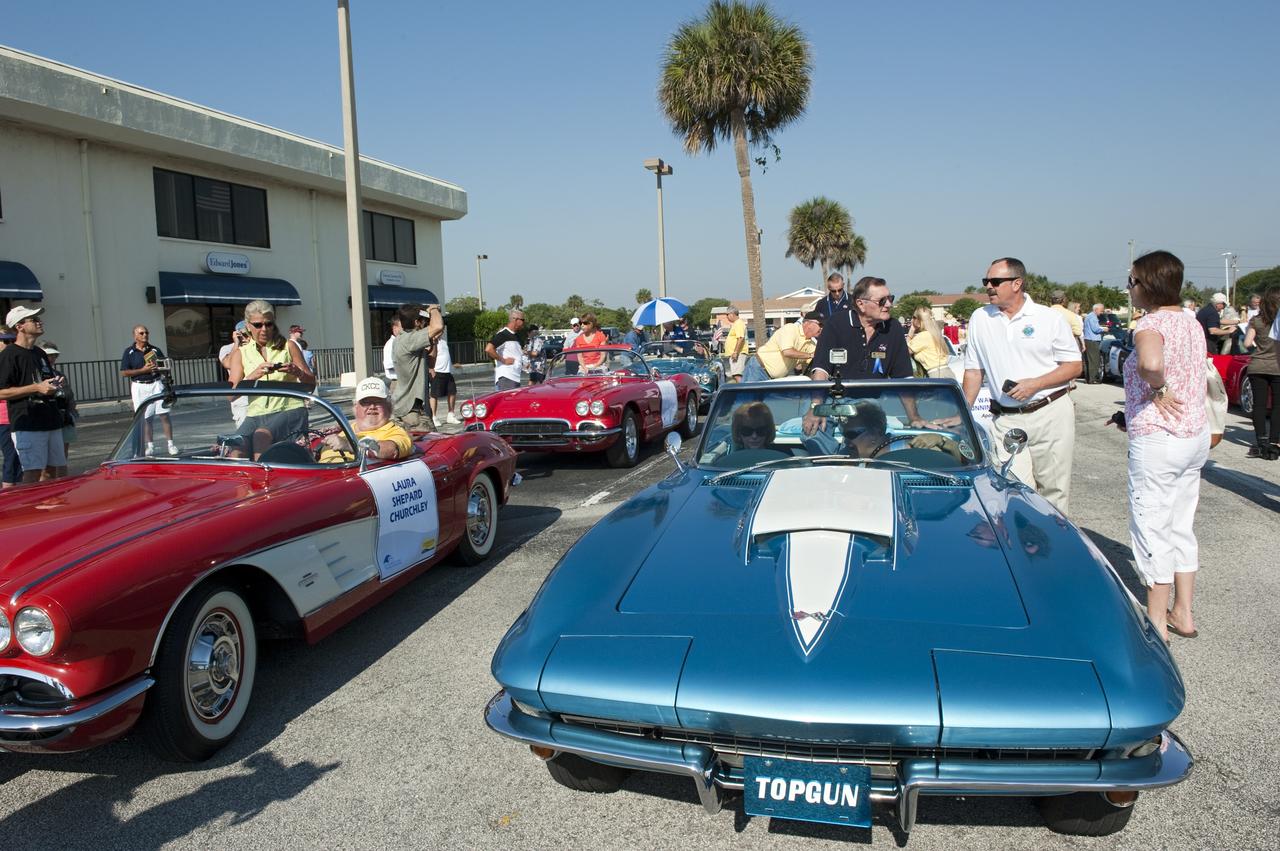 Cape Canaveral, Fla. -- Retired space shuttle astronaut Dick Gordon is warmly greeted by spectators while sitting in a vintage Chevrolet Corvette after a commemorative parade in Cocoa Beach, Florida. A group of current and retired NASA astronauts gathered in Cocoa Beach to commemorate NASA’s 50 years of accomplishments and to honor astronaut Alan Shepard’s Mercury/Freedom 7 suborbital flight May 5, 1961.The event was marked by a parade, with the astronauts riding in a fleet of Chevrolet Corvettes that corresponded with the time period of their space missions. Members of the Cape Kennedy Corvette Club, a group established in 1967, escorted almost two dozen astronauts or their family representatives in club members' cars. The Corvette parade started at the glass bank building, at 9:34 a.m. EDT, the same time Shepard launched into space. Photo credit: NASA/Kim Shiflett