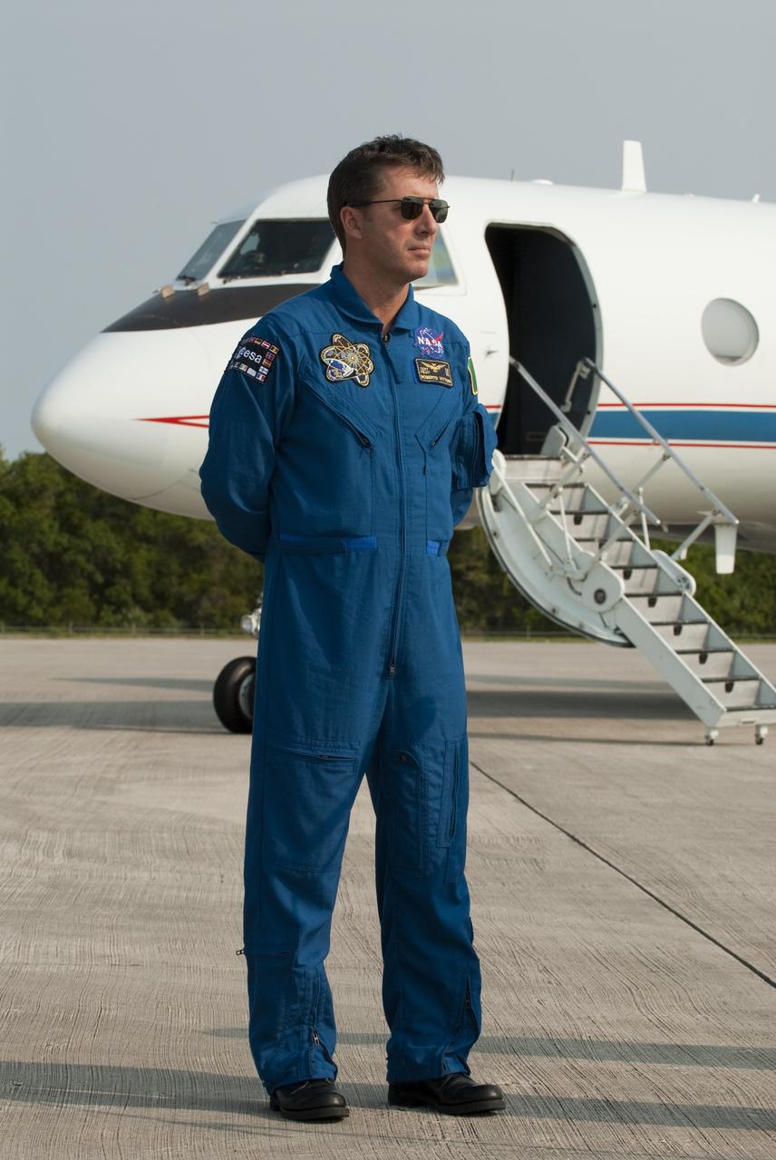CAPE CANAVERAL, Fla. -- At the Shuttle Landing Facility at NASA's Kennedy Space Center in Florida, European Space Agency astronaut Roberto Vittori, STS-134 Mission Specialist, is photographed after his arrival. The STS-134 crew members landed at about 9 a.m. EDT for final preparations for Endeavour's liftoff to the International Space Station scheduled for Monday, May 16 at 8:56 a.m.        Endeavour and its crew will deliver the Express Logistics Carrier-3, Alpha Magnetic Spectrometer-2 (AMS), a high-pressure gas tank and additional spare parts for the Dextre robotic helper to the station. This will be the final spaceflight for Endeavour. For more information visit, www.nasa.gov/mission_pages/shuttle/shuttlemissions/sts134/index.html. Photo credit: NASA/Kim Shiflett