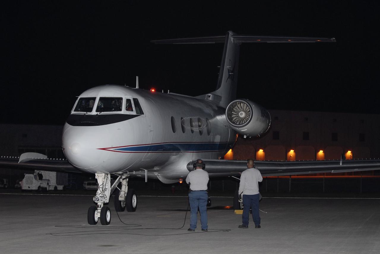 CAPE CANAVERAL, Fla. -- STS-134 Commander Mark Kelly and Pilot Greg H. Johnson are ready to take off and perform touch-and-go landings aboard a Shuttle Training Aircraft (STA) on the Shuttle Landing Facility runway at NASA's Kennedy Space Center in Florida. An STA is a Gulfstream II jet that is modified to mimic the shuttle's handling during the final phase of landing. Kelly and Johnson will practice landings as part of standard training before space shuttle Endeavour's launch to the International Space Station. Endeavour and its crew will deliver the Express Logistics Carrier-3, Alpha Magnetic Spectrometer-2 (AMS), a high-pressure gas tank and additional spare parts for the Dextre robotic helper to the station. This will be the final spaceflight for Endeavour. For more information visit, www.nasa.gov/mission_pages/shuttle/shuttlemissions/sts134/index.html. Photo credit: NASA/Kim Shiflett