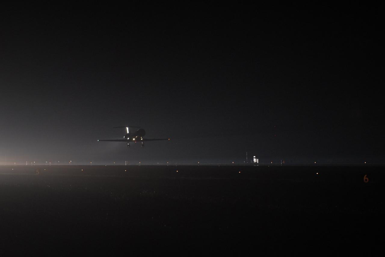 CAPE CANAVERAL, Fla. -- STS-134 Commander Mark Kelly and Pilot Greg H. Johnson perform touch-and-go landings aboard a Shuttle Training Aircraft (STA) on the Shuttle Landing Facility runway at NASA's Kennedy Space Center in Florida. An STA is a Gulfstream II jet that is modified to mimic the shuttle's handling during the final phase of landing. Kelly and Johnson will practice landings as part of standard training before space shuttle Endeavour's launch to the International Space Station. Endeavour and its crew will deliver the Express Logistics Carrier-3, Alpha Magnetic Spectrometer-2 (AMS), a high-pressure gas tank and additional spare parts for the Dextre robotic helper to the station. This will be the final spaceflight for Endeavour. For more information visit, www.nasa.gov/mission_pages/shuttle/shuttlemissions/sts134/index.html. Photo credit: NASA/Kim Shiflett