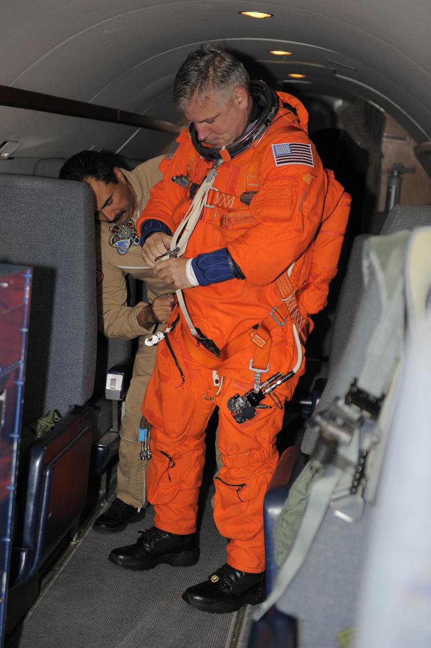 CAPE CANAVERAL, Fla. -- STS-134 Pilot Greg H. Johnson prepares to perform touch-and-go landings aboard a Shuttle Training Aircraft (STA) on the Shuttle Landing Facility runway at NASA's Kennedy Space Center in Florida. An STA is a Gulfstream II jet that is modified to mimic the shuttle's handling during the final phase of landing. Kelly and Johnson will practice landings as part of standard training before space shuttle Endeavour's launch to the International Space Station. Endeavour and its crew will deliver the Express Logistics Carrier-3, Alpha Magnetic Spectrometer-2 (AMS), a high-pressure gas tank and additional spare parts for the Dextre robotic helper to the station. This will be the final spaceflight for Endeavour. For more information visit, www.nasa.gov/mission_pages/shuttle/shuttlemissions/sts134/index.html. Photo credit: NASA/Kim Shiflett