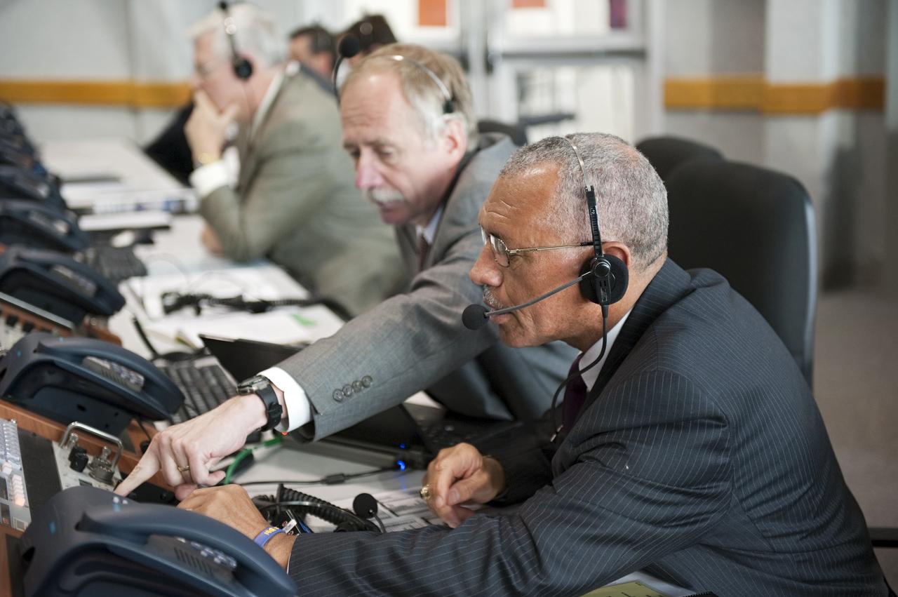CAPE CANAVERAL, Fla. - NASA Administrator Charlie Bolden, right,  monitors the countdown to liftoff of space shuttle Endeavour in Firing Room 4 of the Launch Control Center at NASA's Kennedy Space Center in Florida. To Bolden's right is Associate Administrator for Space Operations Bill Gerstenmaier.  Endeavour lifted off on its STS-134 mission to the International Space Station on time at 8:56 a.m. EDT on May 16.    The shuttle and its six-member crew are embarking on a mission to deliver the Alpha Magnetic Spectrometer-2 (AMS), Express Logistics Carrier-3, a high-pressure gas tank and additional spare parts for the Dextre robotic helper to the space station. Endeavour's first launch attempt on April 29 was scrubbed because of an issue associated with a faulty power distribution box called the aft load control assembly-2 (ALCA-2). For more information visit, www.nasa.gov/mission_pages/shuttle/shuttlemissions/sts134/index.html. Photo credit: NASA/Kim Shiflett