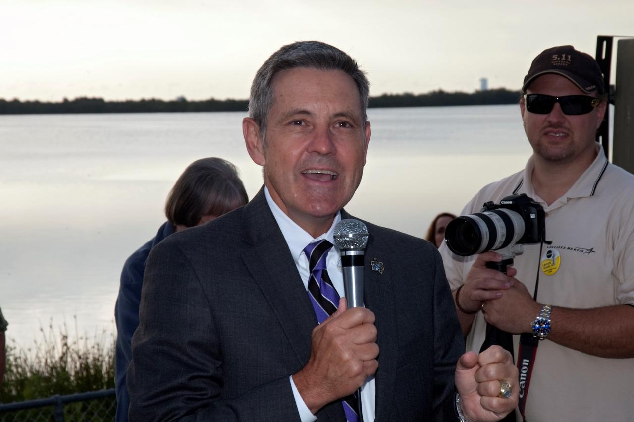 CAPE CANAVERAL, Fla. - NASA Kennedy Space Center Director Bob Cabana talks to a crowd of spectators gathered at the Banana Creek Viewing Site near the Saturn V Center at NASA's Kennedy Space Center in Florida to watch the launch of space shuttle Endeavour. The shuttle lifted off on its STS-134 mission to the International Space Station on time at 8:56 a.m. EDT on May 16.    The shuttle and its six-member crew are embarking on a mission to deliver the Alpha Magnetic Spectrometer-2 (AMS), Express Logistics Carrier-3, a high-pressure gas tank and additional spare parts for the Dextre robotic helper to the space station. Endeavour's first launch attempt on April 29 was scrubbed because of an issue associated with a faulty power distribution box called the aft load control assembly-2 (ALCA-2). For more information, visit www.nasa.gov/mission_pages/shuttle/shuttlemissions/sts134/index.html. Photo credit: NASA/Kurtis Korwan