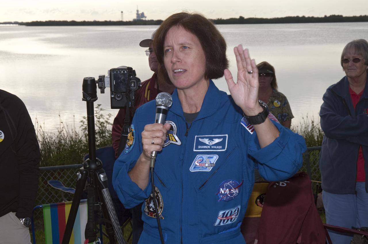 CAPE CANAVERAL, Fla. - NASA astronaut Shannon Walker talks to a crowd of spectators gathered at the Banana Creek Viewing Site near the Saturn V Center at NASA's Kennedy Space Center in Florida to watch the launch of space shuttle Endeavour. The shuttle lifted off on its STS-134 mission to the International Space Station on time at 8:56 a.m. EDT on May 16.    The shuttle and its six-member crew are embarking on a mission to deliver the Alpha Magnetic Spectrometer-2 (AMS), Express Logistics Carrier-3, a high-pressure gas tank and additional spare parts for the Dextre robotic helper to the space station. Endeavour's first launch attempt on April 29 was scrubbed because of an issue associated with a faulty power distribution box called the aft load control assembly-2 (ALCA-2). For more information, visit www.nasa.gov/mission_pages/shuttle/shuttlemissions/sts134/index.html. Photo credit: NASA/Kurtis Korwan