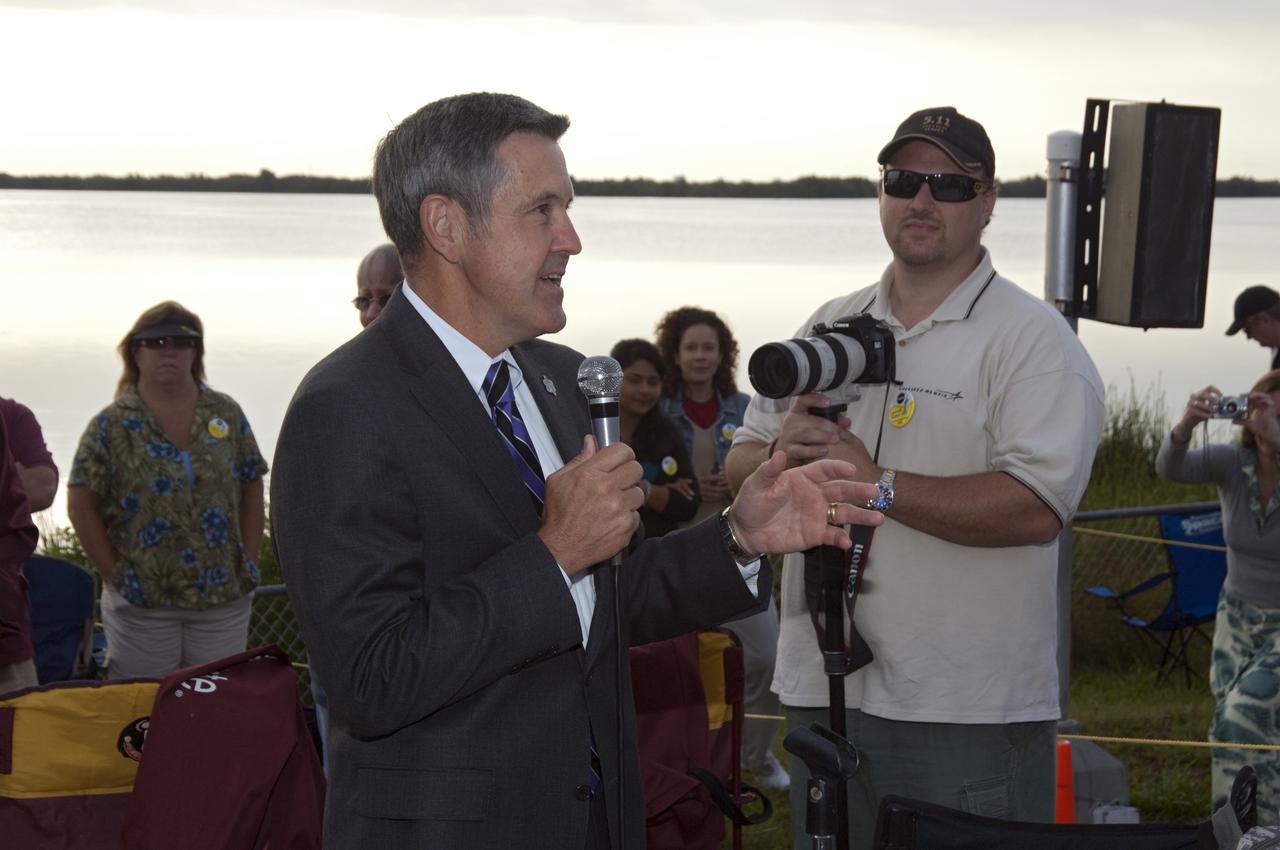 CAPE CANAVERAL, Fla. - NASA Kennedy Space Center Director Bob Cabana talks to a crowd of spectators gathered at the Banana Creek Viewing Site near the Saturn V Center at NASA's Kennedy Space Center in Florida to watch the launch of space shuttle Endeavour. The shuttle lifted off on its STS-134 mission to the International Space Station on time at 8:56 a.m. EDT on May 16.    The shuttle and its six-member crew are embarking on a mission to deliver the Alpha Magnetic Spectrometer-2 (AMS), Express Logistics Carrier-3, a high-pressure gas tank and additional spare parts for the Dextre robotic helper to the space station. Endeavour's first launch attempt on April 29 was scrubbed because of an issue associated with a faulty power distribution box called the aft load control assembly-2 (ALCA-2). For more information, visit www.nasa.gov/mission_pages/shuttle/shuttlemissions/sts134/index.html. Photo credit: NASA/Chad Baumer