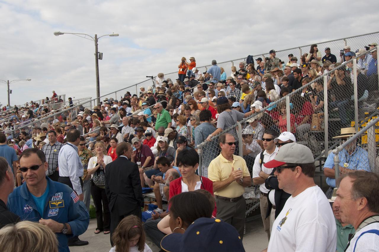 CAPE CANAVERAL, Fla. - Spectators at the Banana Creek Viewing Site near the Saturn V Center at NASA's Kennedy Space Center in Florida await the liftoff of space shuttle Endeavour. The shuttle lifted off on its STS-134 mission to the International Space Station on time at 8:56 a.m. EDT on May 16.    The shuttle and its six-member crew are embarking on a mission to deliver the Alpha Magnetic Spectrometer-2 (AMS), Express Logistics Carrier-3, a high-pressure gas tank and additional spare parts for the Dextre robotic helper to the space station. Endeavour's first launch attempt on April 29 was scrubbed because of an issue associated with a faulty power distribution box called the aft load control assembly-2 (ALCA-2). For more information, visit www.nasa.gov/mission_pages/shuttle/shuttlemissions/sts134/index.html. Photo credit: NASA/Chad Baumer