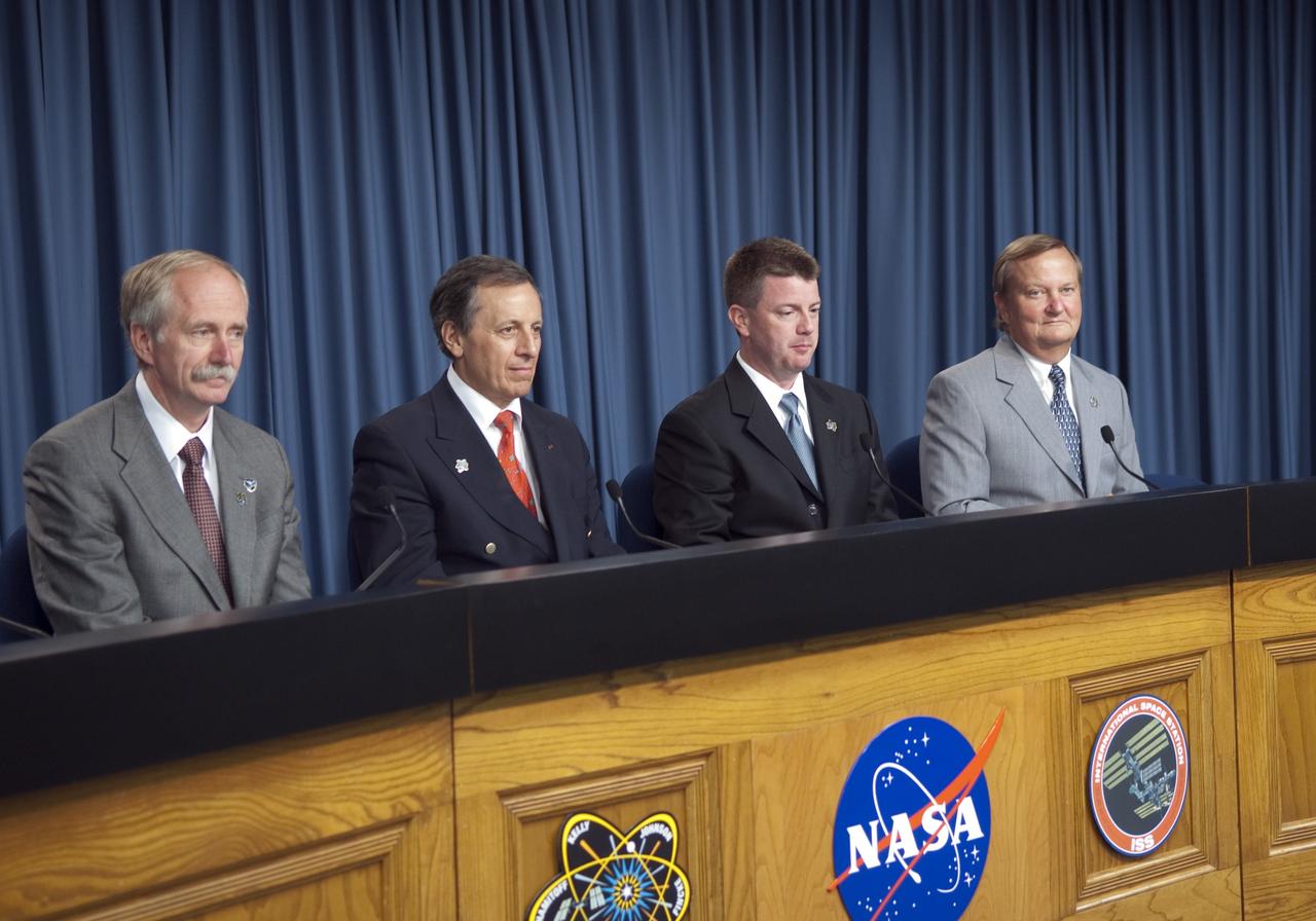 CAPE CANAVERAL, Fla. -- In the Press Site auditorium at NASA's Kennedy Space Center in Florida, NASA managers brief media after the successful launch of space shuttle Endeavour on its STS-134 mission. From left are, Associate Administrator for Space Operations Bill Gerstenmaier; Michel Tognini, head of the European Astronaut Center and former ESA astronaut; Space Shuttle Program Launch Integration Manager Mike Moses; and Shuttle Launch Director Mike Leinbach.            Endeavour lifted off May 16 at 8:56 a.m. EDT. Endeavour and its crew will deliver the Express Logistics Carrier-3, Alpha Magnetic Spectrometer-2 (AMS), a high-pressure gas tank and additional spare parts for the Dextre robotic helper to the station. This is the final spaceflight for Endeavour. For more information visit, www.nasa.gov/mission_pages/shuttle/shuttlemissions/sts134/index.html. Photo credit: NASA/Jim Grossmann