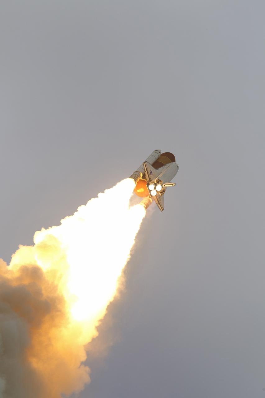 CAPE CANAVERAL, Fla. -- Space shuttle Endeavour riding a twin column of fire and smoke races into space after lifting off from Launch Pad 39A at NASA's Kennedy Space Center in Florida.     Endeavour began its final flight, the STS-134 mission to the International Space Station, at 8:56 a.m. EDT on May 16. Endeavour and its six-member crew will deliver the Alpha Magnetic Spectrometer-2 (AMS), Express Logistics Carrier-3, a high-pressure gas tank and additional spare parts for the Dextre robotic helper to the space station. For more information visit, www.nasa.gov/mission_pages/shuttle/shuttlemissions/sts134/index.html. Photo credit: NASA/George Roberts and Mike Kerley
