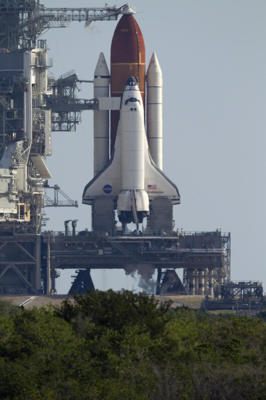 CAPE CANAVERAL, Fla. -- Space shuttle Endeavour's main engines are ready to be ignited for liftoff at Launch Pad 39A at NASA's Kennedy Space Center in Florida. Endeavour began its final flight, the STS-134 mission to the International Space Station, at 8:56 a.m. EDT on May 16. Endeavour and its six-member crew will deliver the Alpha Magnetic Spectrometer-2 (AMS), Express Logistics Carrier-3, a high-pressure gas tank and additional spare parts for the Dextre robotic helper to the space station. For more information visit, www.nasa.gov/mission_pages/shuttle/shuttlemissions/sts134/index.html. Photo credit: NASA/Kenny Allen