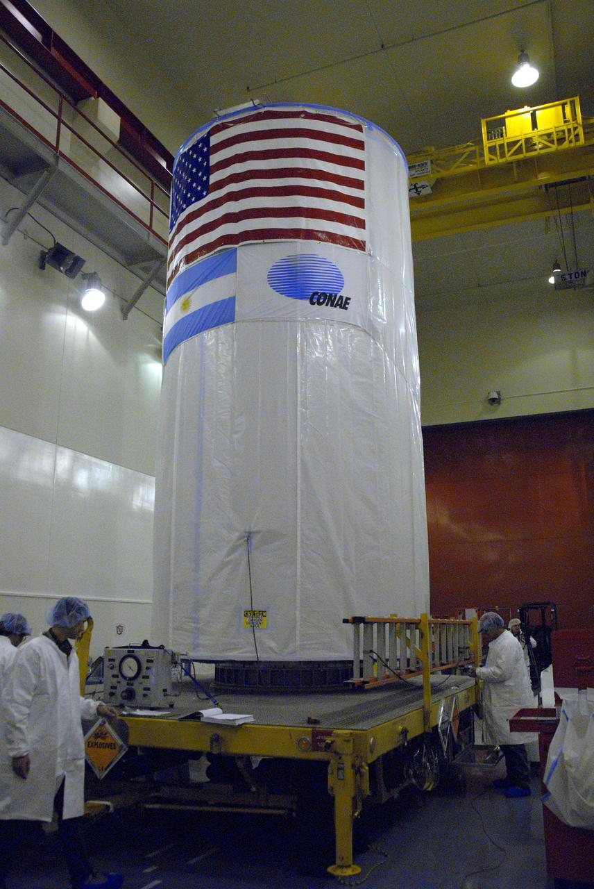 VANDENBERG AIR FORCE BASE, Calif. -- The Aquarius/SAC-D spacecraft is secured inside its payload transportation canister for transfer to NASA's Space Launch Complex-2 (SLC-2) at Vandenberg Air Force Base in California.           There, the spacecraft will be integrated to a United Launch Alliance Delta II rocket in preparation for the targeted June liftoff. Aquarius, the NASA-built instrument on the SAC-D spacecraft, will provide new insights into how variations in ocean surface salinity relate to fundamental climate processes on its three-year mission. Photo credit: NASA/VAFB
