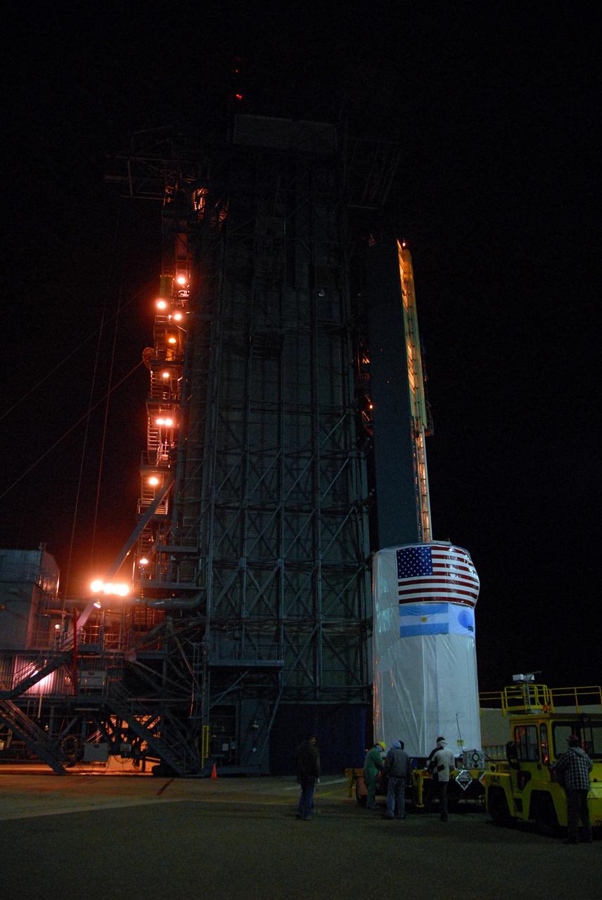VANDENBERG AIR FORCE BASE, Calif. -- The Aquarius/SAC-D spacecraft, secured inside its payload transportation canister, has been delivered to NASA's Space Launch Complex-2 (SLC-2) at Vandenberg Air Force Base in California.       There, the spacecraft will be integrated to a United Launch Alliance Delta II rocket in preparation for the targeted June liftoff. Aquarius, the NASA-built instrument on the SAC-D spacecraft, will provide new insights into how variations in ocean surface salinity relate to fundamental climate processes on its three-year mission. Photo credit: NASA/VAFB