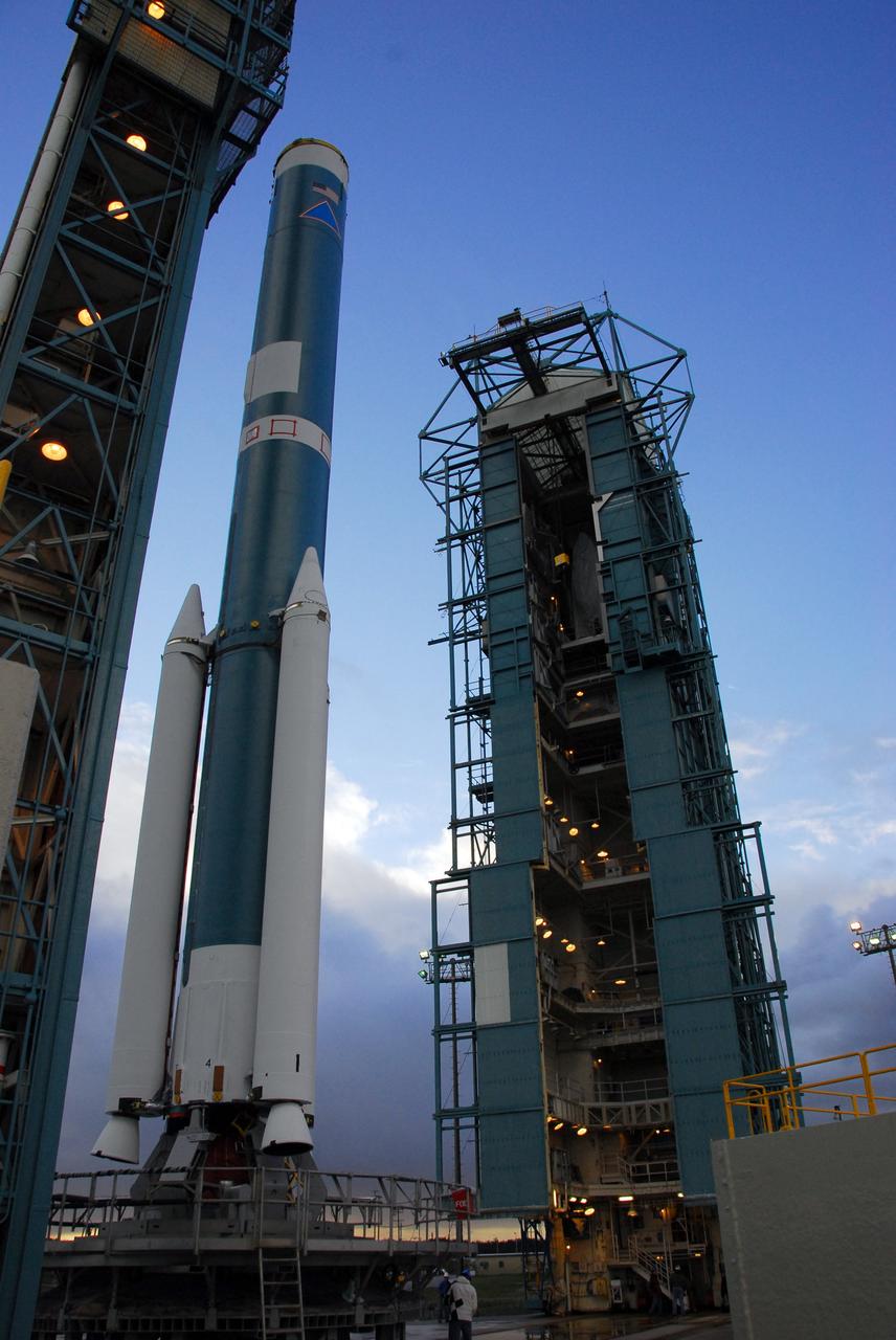 VANDENBERG AIR FORCE BASE, Calif. -- The United Launch Alliance Delta II rocket is moved away from the service tower as workers prepare to lift the second stage to the top of the tower for mating with the first stage at NASA's Space Launch Complex-2 (SLC-2) at Vandenberg Air Force Base in California.         Following final tests, the Aquarius/SAC-D spacecraft will be integrated to the Delta II launch vehicle in preparation for the targeted June liftoff. Aquarius, the NASA-built instrument on the SAC-D spacecraft will provide new insights into how variations in ocean surface salinity relate to fundamental climate processes on its three-year mission. Photo credit: NASA/VAFB