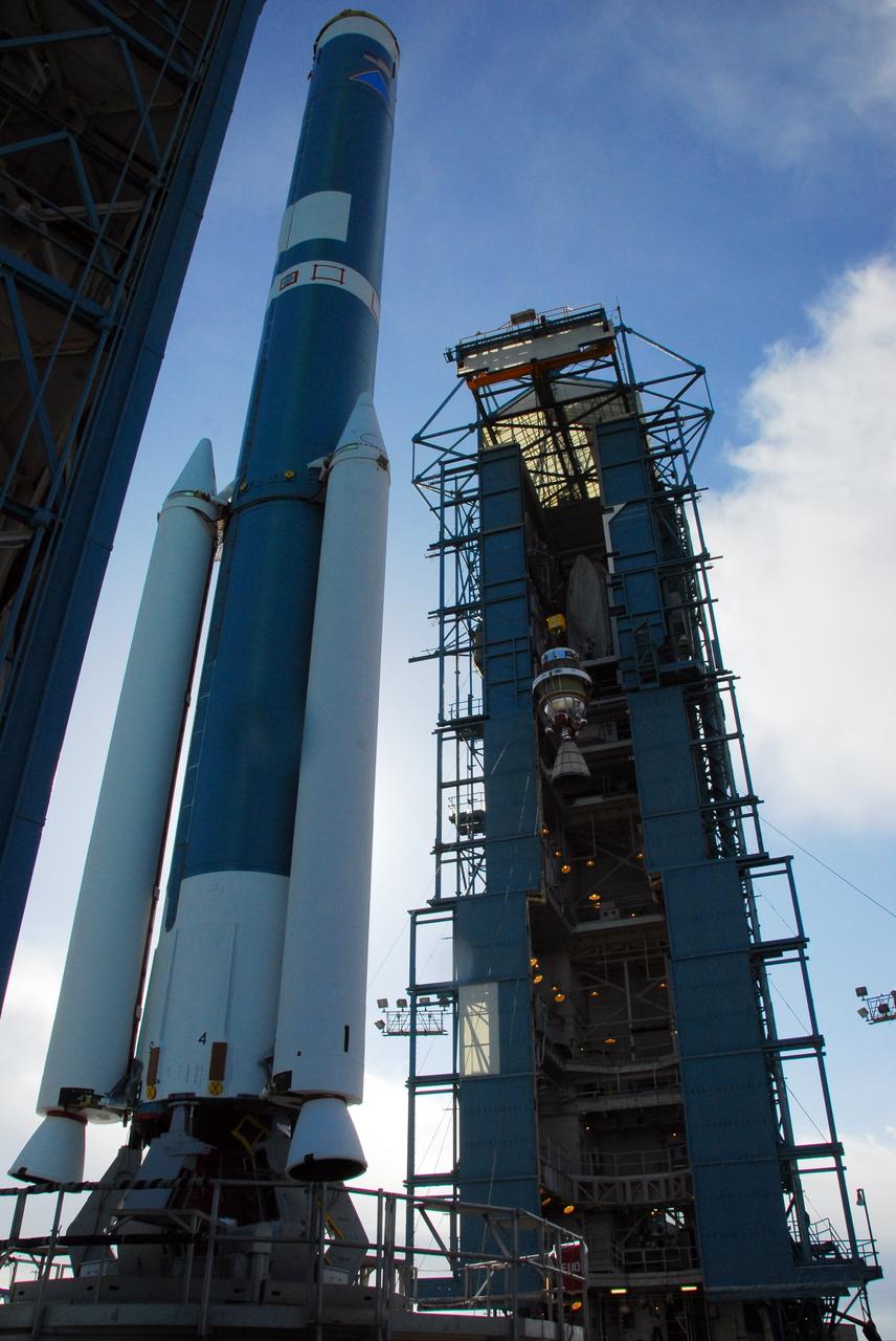 VANDENBERG AIR FORCE BASE, Calif. -- With the help of an overhead crane workers lift the United Launch Alliance Delta II second stage motor to the top of the service tower for mating with the first stage at NASA's Space Launch Complex-2 (SLC-2) at Vandenberg Air Force Base in California.          Following final tests, the Aquarius/SAC-D spacecraft will be integrated to the Delta II launch vehicle in preparation for the targeted June liftoff. Aquarius, the NASA-built instrument on the SAC-D spacecraft will provide new insights into how variations in ocean surface salinity relate to fundamental climate processes on its three-year mission. Photo credit: NASA/VAFB