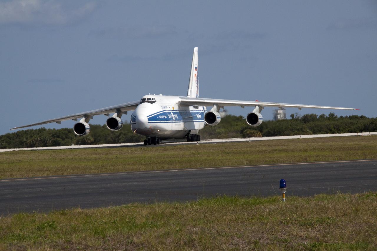 CAPE CANAVERAL, Fla. -- At Cape Canaveral Air Force Station in Florida, a Volga-Dnepr Antonov AN-124-100, Ukranian/Russian cargo aircraft has landed on the Skid Strip. The aircraft is delivering the Centaur upper stage of a United Launch Alliance Atlas V rocket.            NASA's Juno spacecraft is scheduled to launch aboard the Atlas V from Cape Canaveral, Fla. Aug. 5.The solar-powered spacecraft will orbit Jupiter's poles 33 times to find out more about the gas giant's origins, structure, atmosphere and magnetosphere and investigate the existence of a solid planetary core. For more information visit: www.nasa.gov/juno. Photo credit: NASA/Jack Pfaller