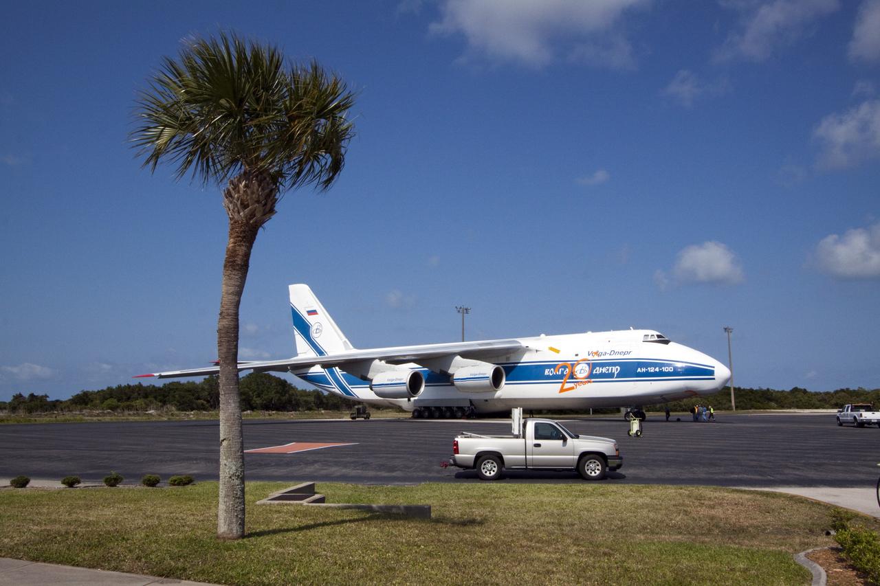CAPE CANAVERAL, Fla. -- At Cape Canaveral Air Force Station in Florida, a Volga-Dnepr Antonov AN-124-100, Ukranian/Russian cargo aircraft has landed on the Skid Strip. The aircraft is delivering the Centaur upper stage of a United Launch Alliance Atlas V rocket.            NASA's Juno spacecraft is scheduled to launch aboard the Atlas V from Cape Canaveral, Fla. Aug. 5.The solar-powered spacecraft will orbit Jupiter's poles 33 times to find out more about the gas giant's origins, structure, atmosphere and magnetosphere and investigate the existence of a solid planetary core. For more information visit: www.nasa.gov/juno. Photo credit: NASA/Jack Pfaller